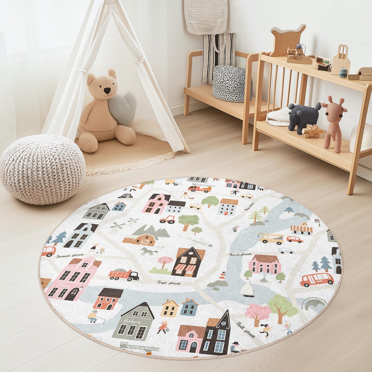 Charming Village Road Map Round Kids Rug, Playful Town Design, Soft Play Mat for Nursery and Kids Room Decor