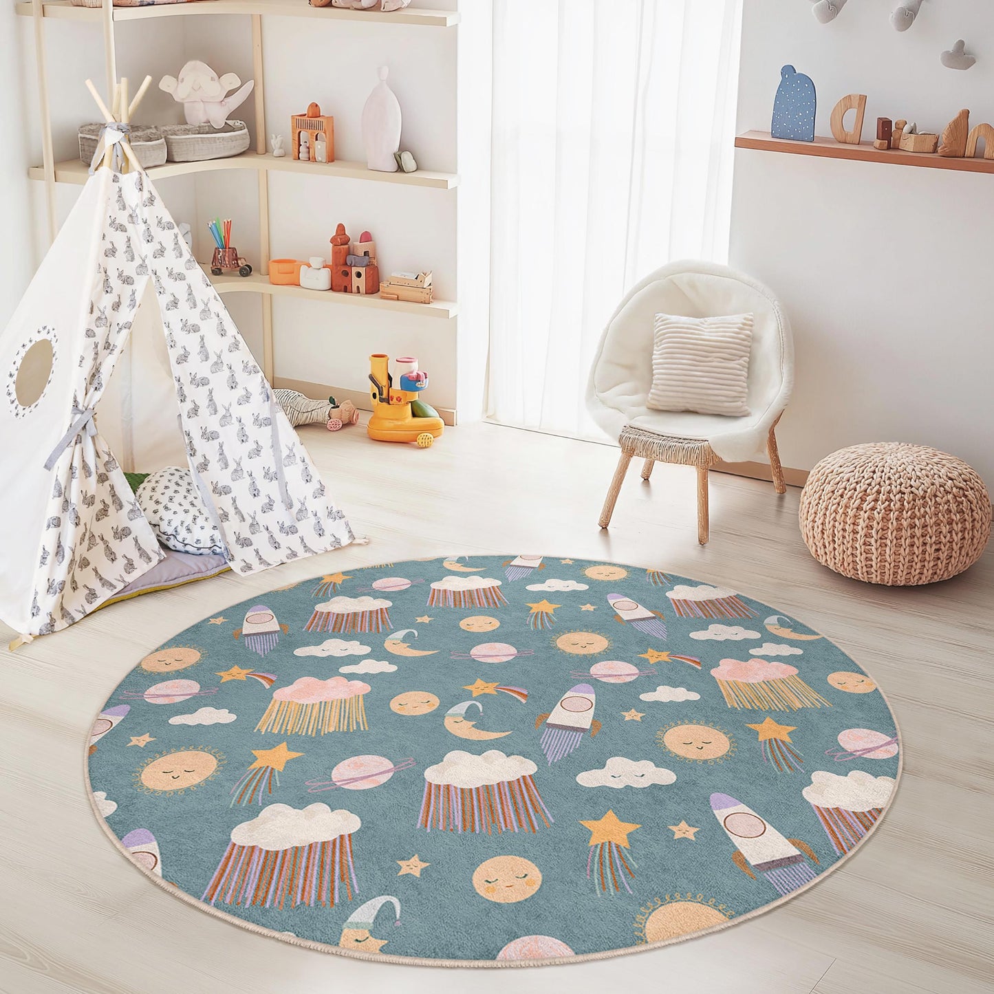 Whimsical Outer Space Round Kids Rug, Rocket and Star Nursery Carpet, Playroom Decor, Soft Play Mat for Children