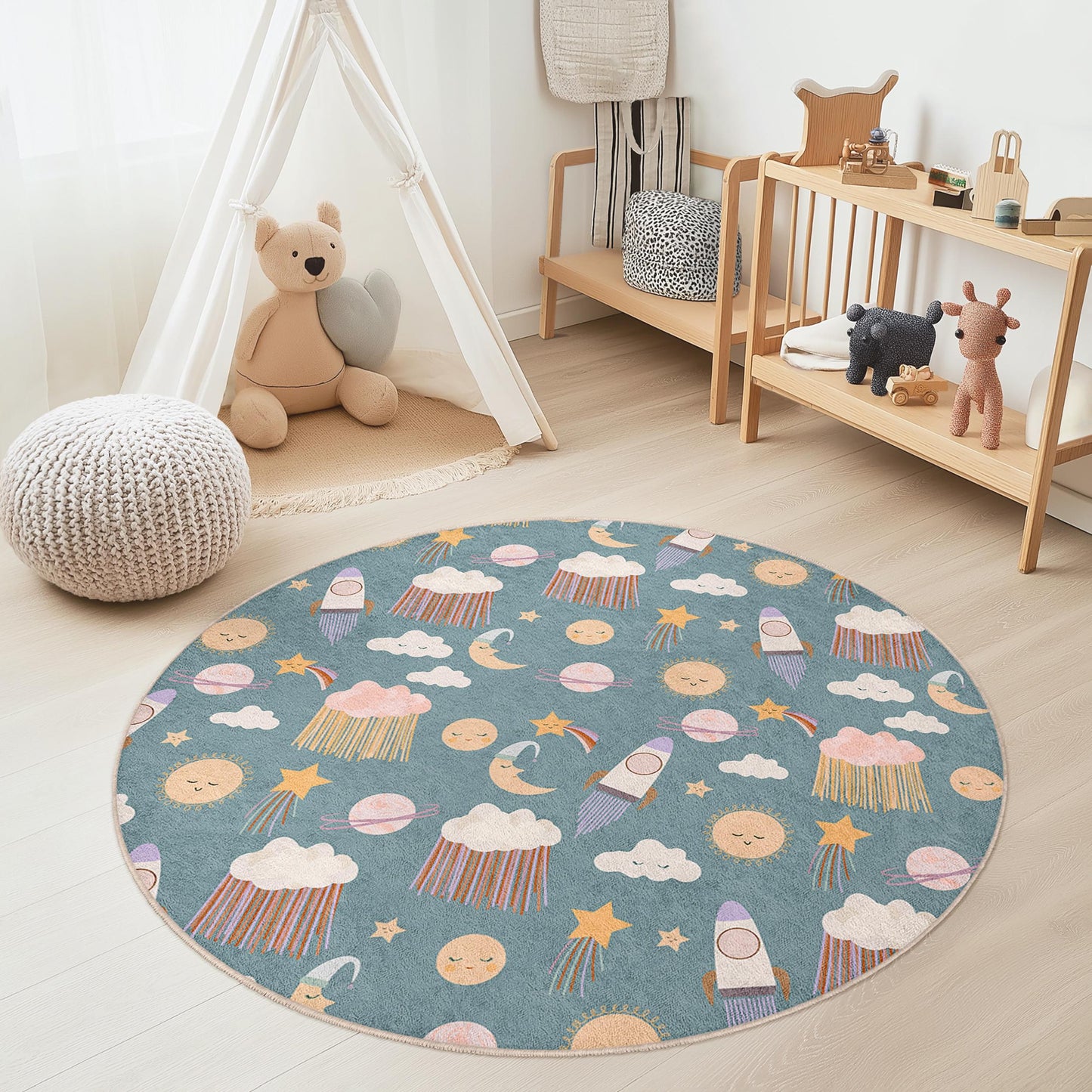 Whimsical Outer Space Round Kids Rug, Rocket and Star Nursery Carpet, Playroom Decor, Soft Play Mat for Children