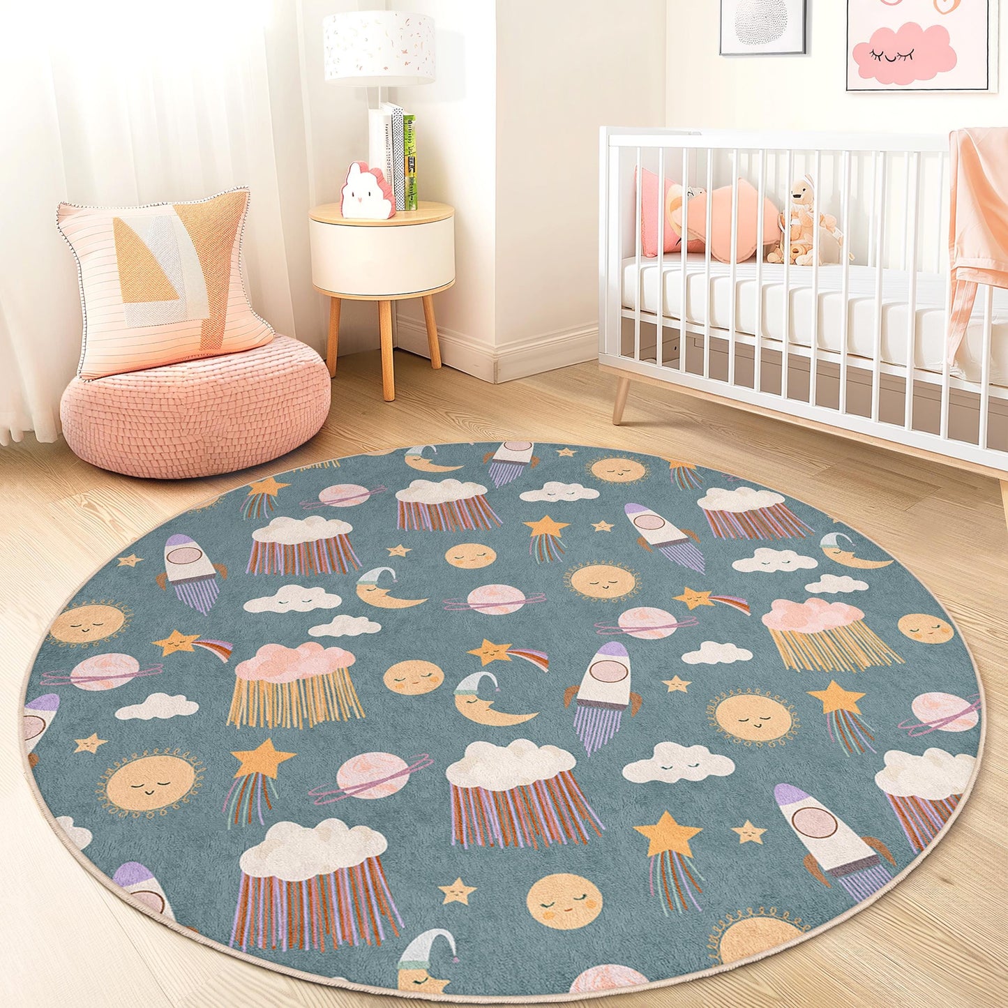 Whimsical Outer Space Round Kids Rug, Rocket and Star Nursery Carpet, Playroom Decor, Soft Play Mat for Children