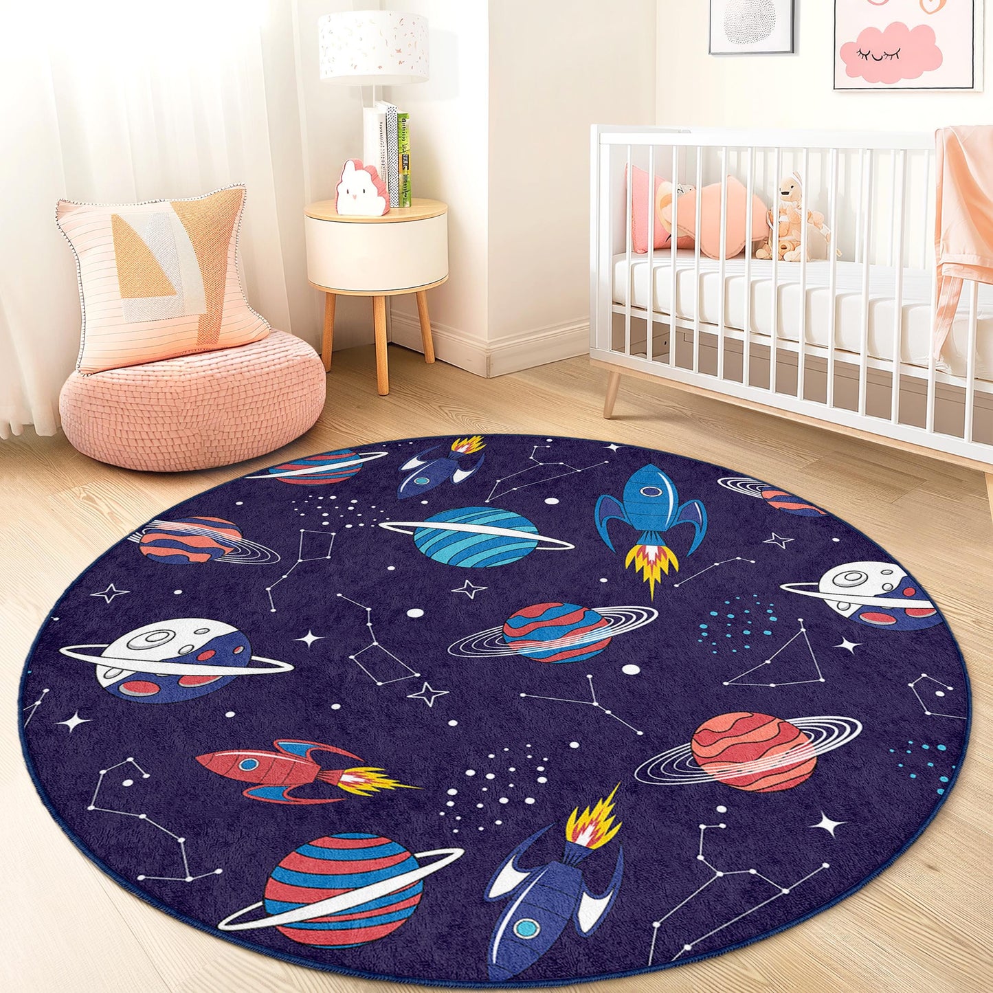 Space Adventure Round Kids Play Rug, Rocket and Planet Design, Cosmic Play Mat for Children's Room, Astronaut Decor