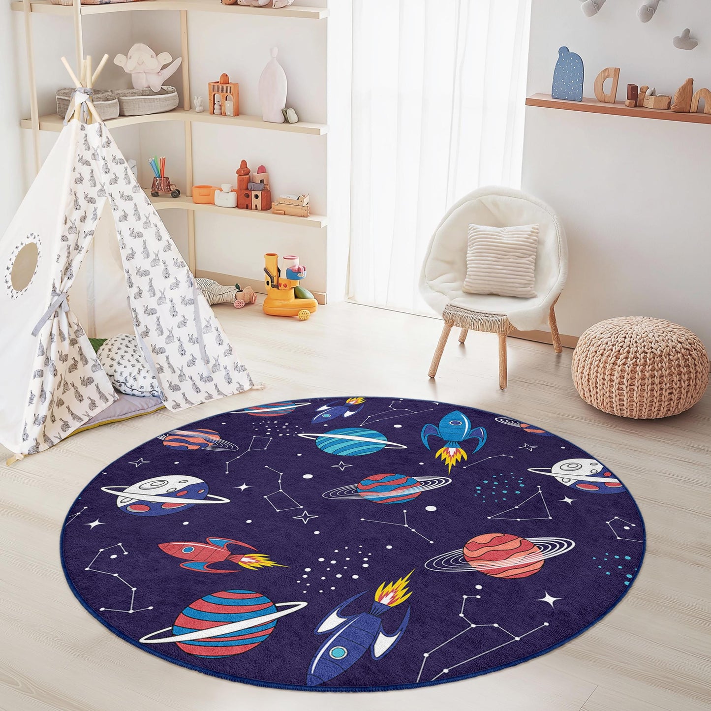 Space Adventure Round Kids Play Rug, Rocket and Planet Design, Cosmic Play Mat for Children's Room, Astronaut Decor