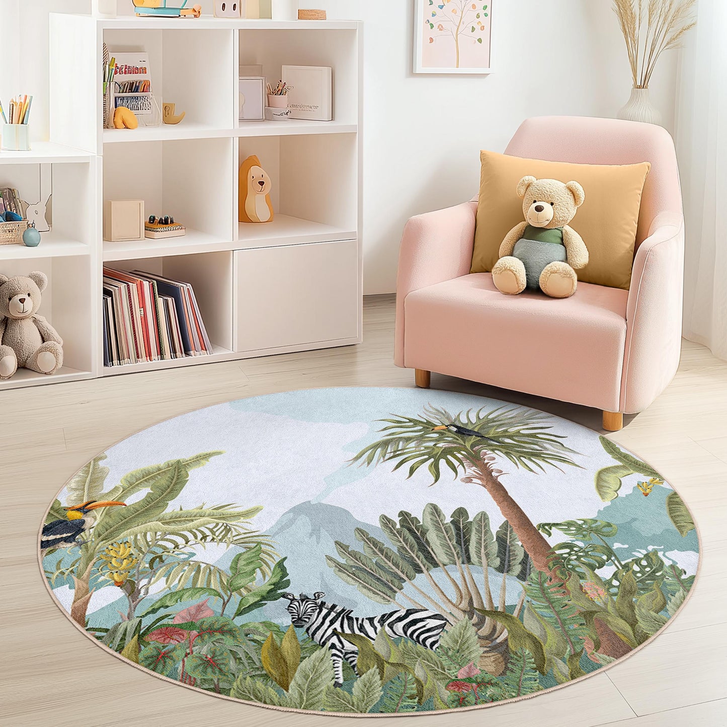 Tropical Jungle Round Kids Play Rug, Jungle Animal Kids Rug, Round Nursery Decor, Soft Play Mat, Kids Room Carpet