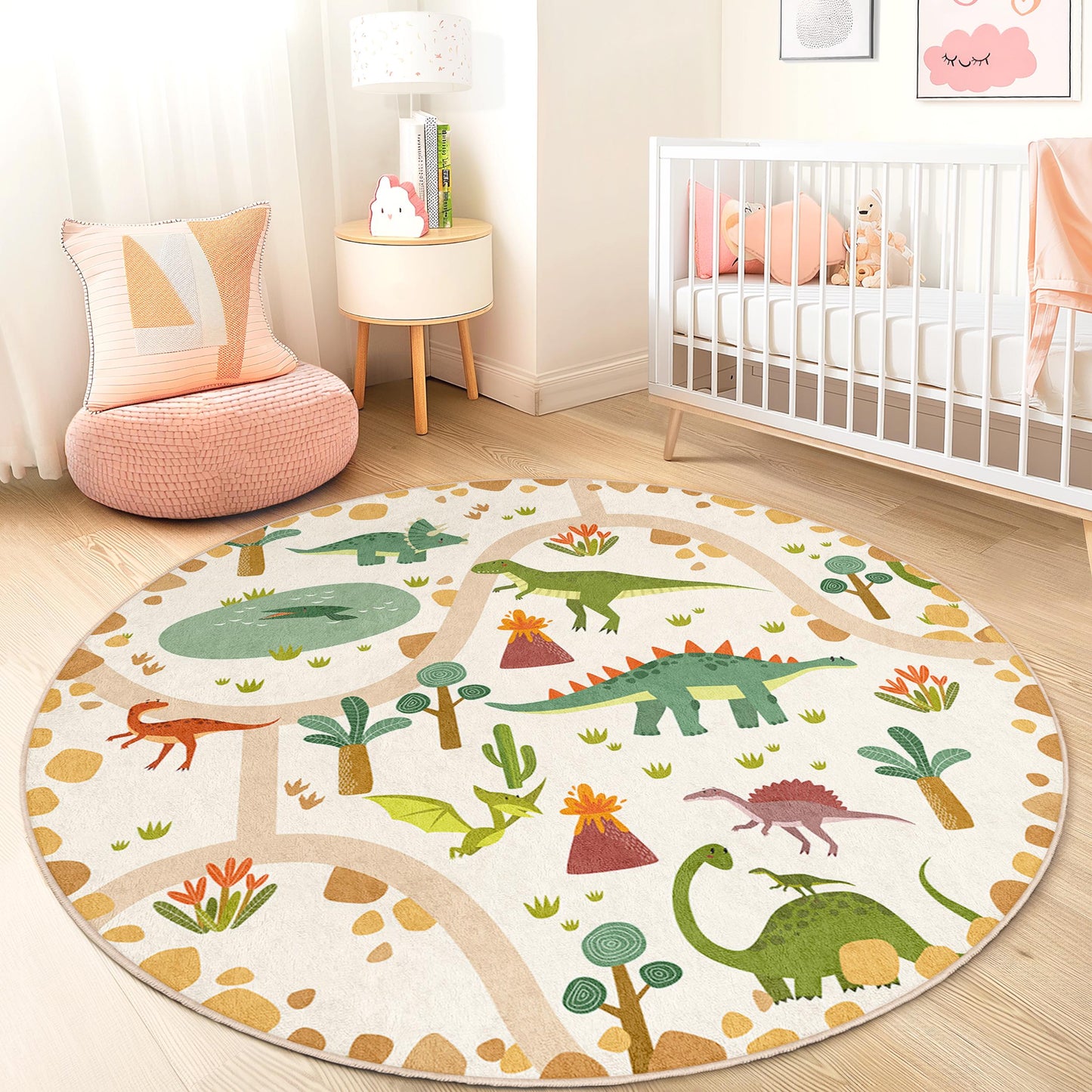 Dinosaur Adventure Round Kids Play Rug, Interactive Dino Mat for Children, Soft Nursery Decor, Playroom Carpet, Kids Room Essentials
