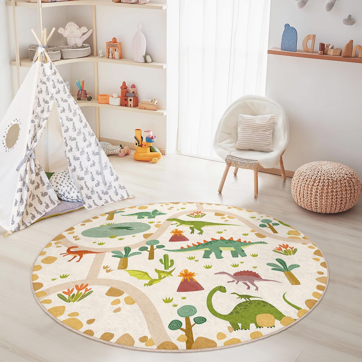 Dinosaur Adventure Round Kids Play Rug, Interactive Dino Mat for Children, Soft Nursery Decor, Playroom Carpet, Kids Room Essentials