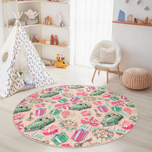 Vintage Floral Love Round Area Rug, Green Car Pattern Rug, Kids Room Decor, Playroom Carpet, Soft Round Rug for Children