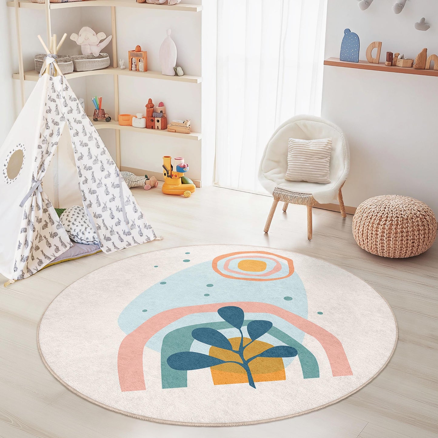 Colorful Abstract Round Kids Rug, Playful Nursery Carpet, Modern Round Area Rug, Cute Kids Room Decor, Unique Round Play Mat