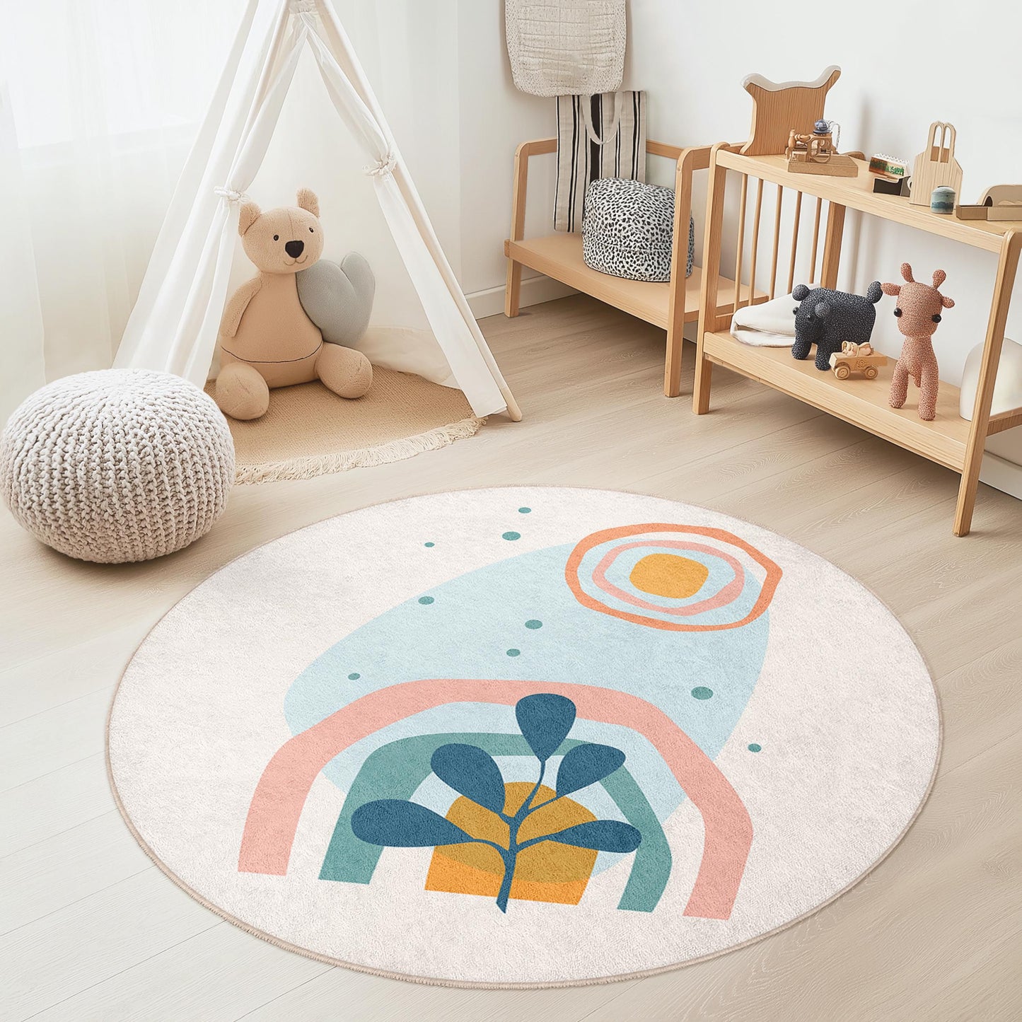 Colorful Abstract Round Kids Rug, Playful Nursery Carpet, Modern Round Area Rug, Cute Kids Room Decor, Unique Round Play Mat