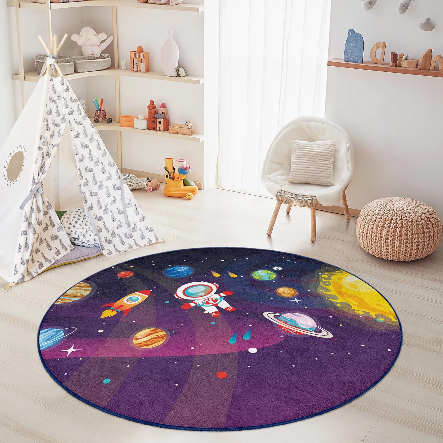 Space Adventure Round Kids Rug, Astronaut Space Decor, Galaxy Themed Rug, Playroom Carpet, Nursery Area Rug, Kids Room Decoration