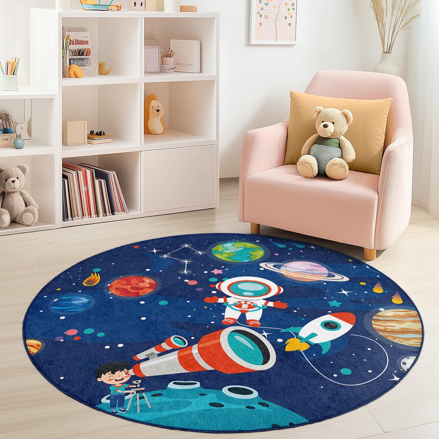 Space Adventure Round Kids Play Rug, Astronaut Kids Rug, Galaxy Themed Carpet, Playroom Decor, Cosmic Rug for Children
