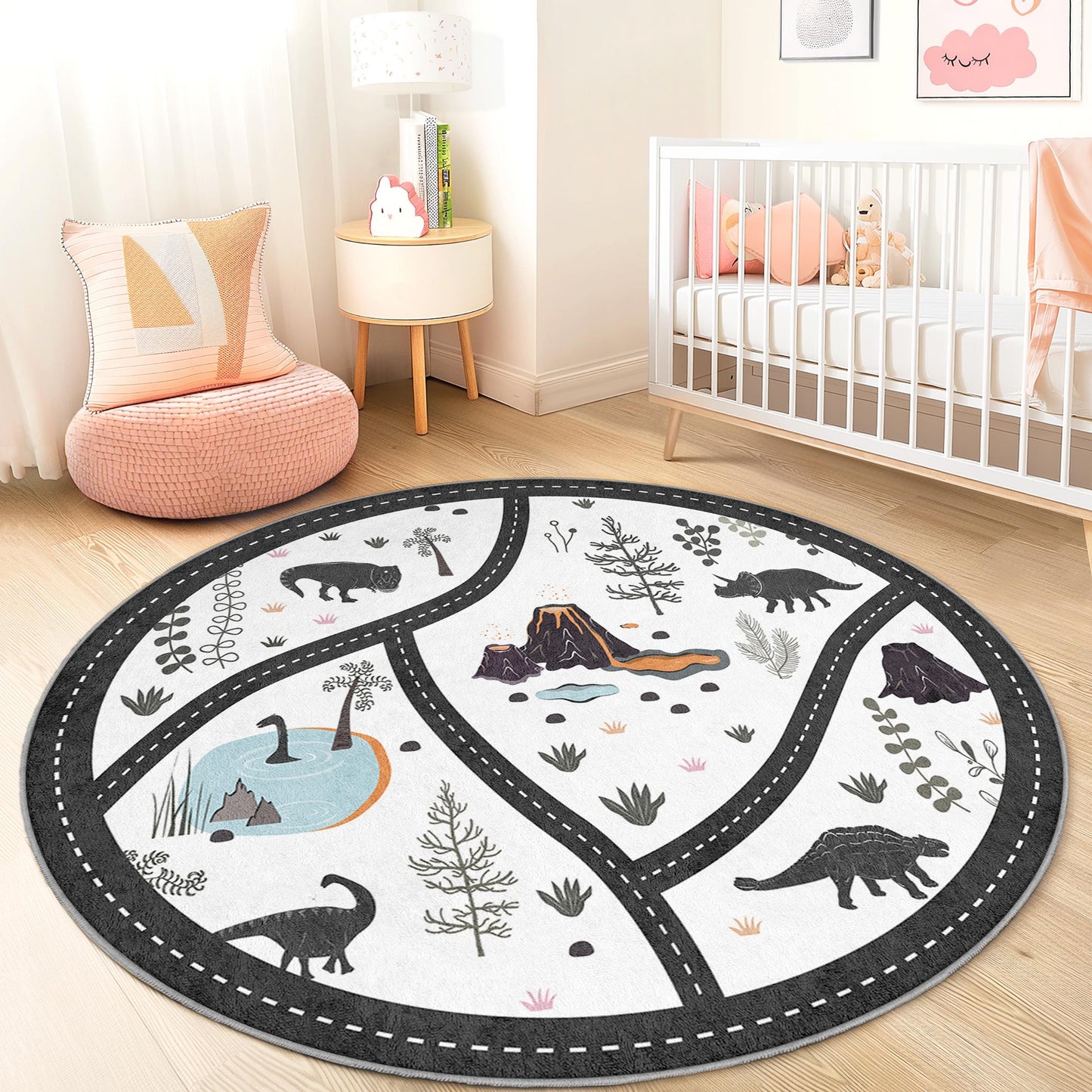 Dinosaur Adventure Round Kids Area Rug, Playful Dino Themed Carpet, Soft Nursery Play Mat, Fun Round Rug for Kids Room