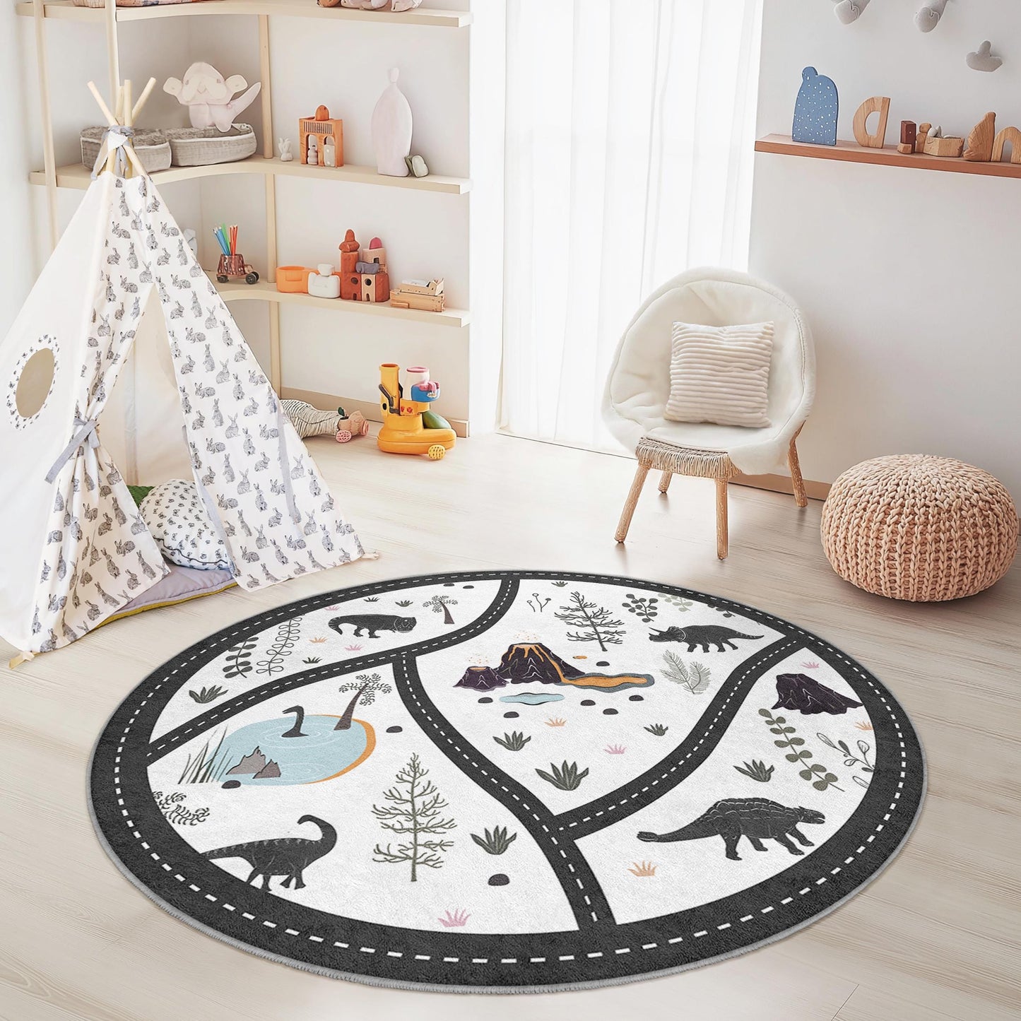 Dinosaur Adventure Round Kids Area Rug, Playful Dino Themed Carpet, Soft Nursery Play Mat, Fun Round Rug for Kids Room
