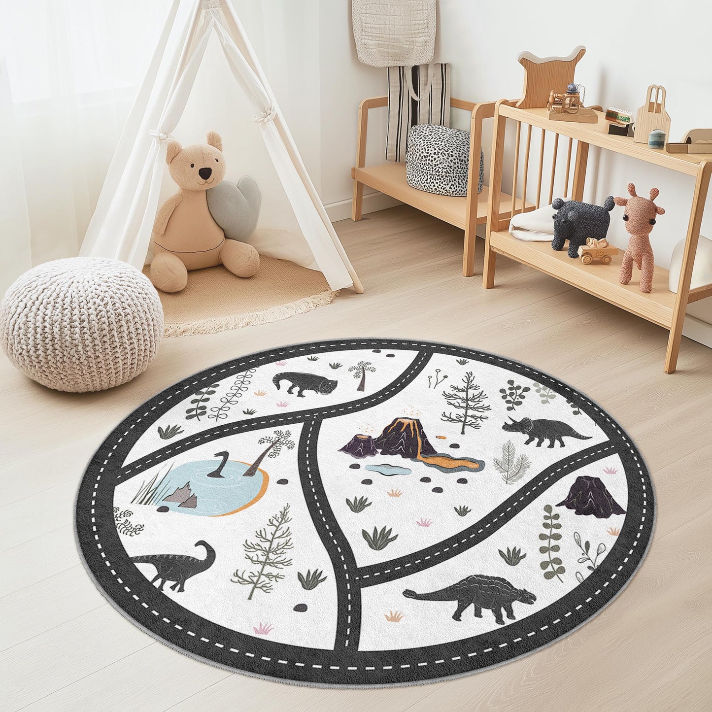 Dinosaur Adventure Round Kids Area Rug, Playful Dino Themed Carpet, Soft Nursery Play Mat, Fun Round Rug for Kids Room