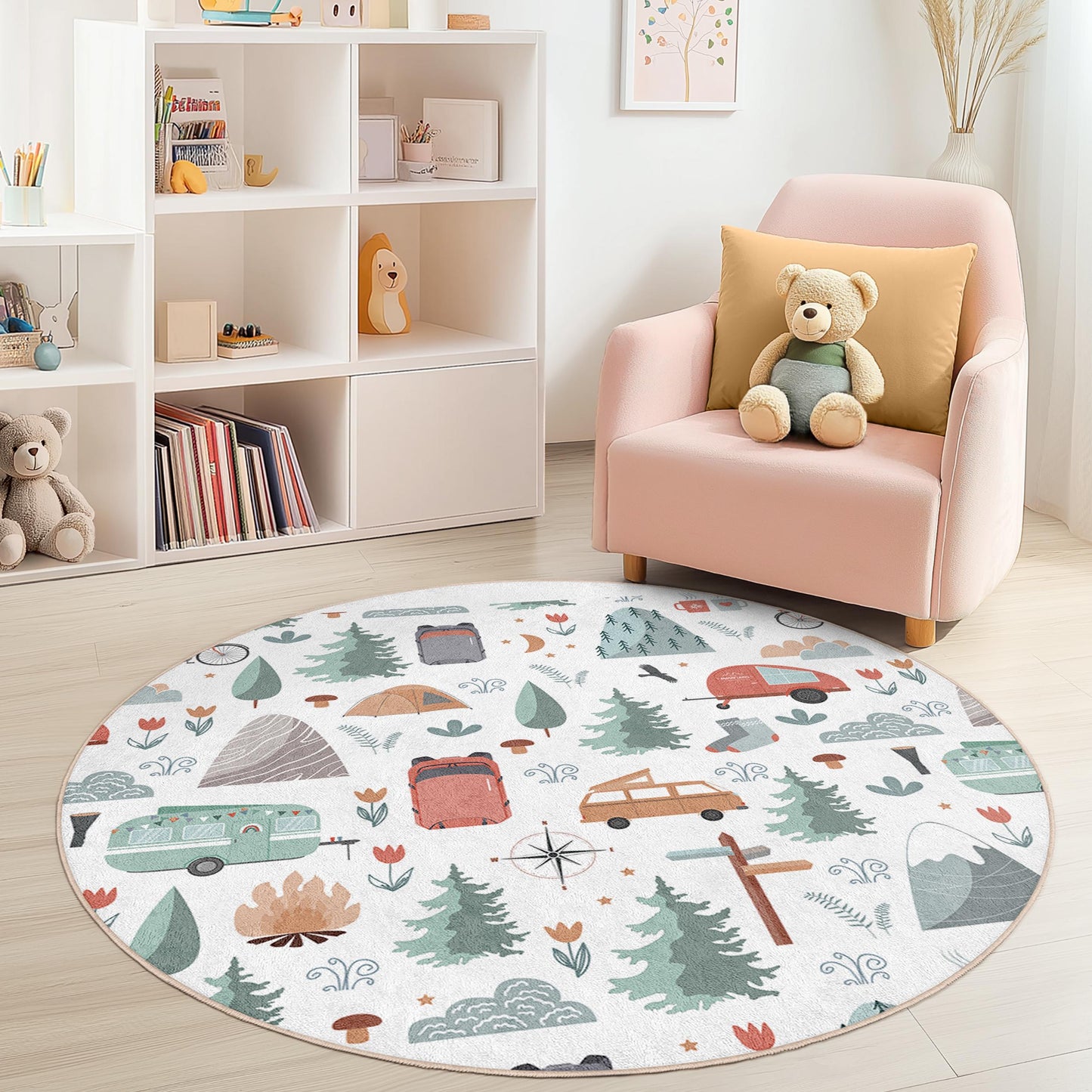 Adventure Camping Round Kids Play Rug, Nature Themed Rug, Soft Round Rug for Kids Room, Nursery Decor, Playroom Carpet