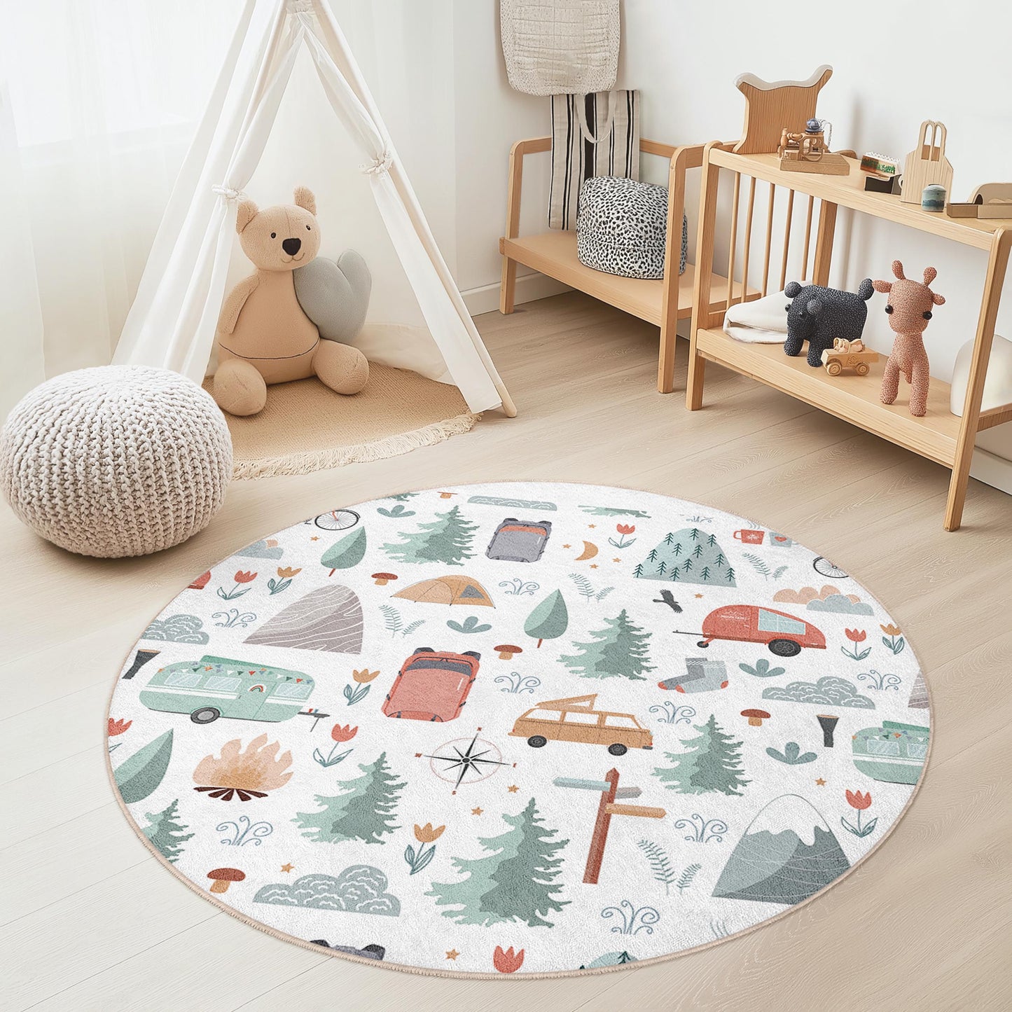 Adventure Camping Round Kids Play Rug, Nature Themed Rug, Soft Round Rug for Kids Room, Nursery Decor, Playroom Carpet
