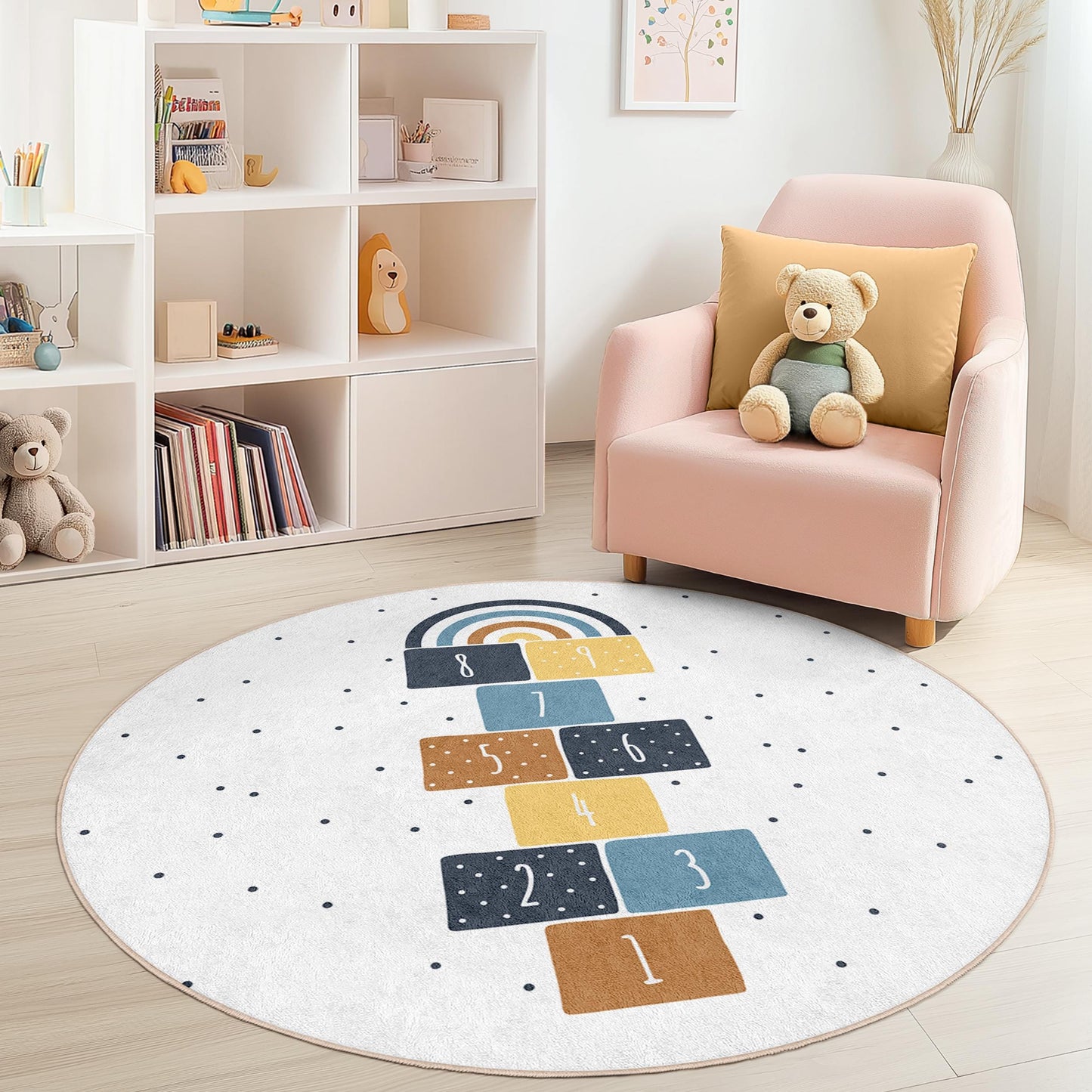Rainbow Hopscotch Round Kids Rug, Colorful Play Mat for Children's Room, Soft Nursery Carpet, Interactive Educational Rug