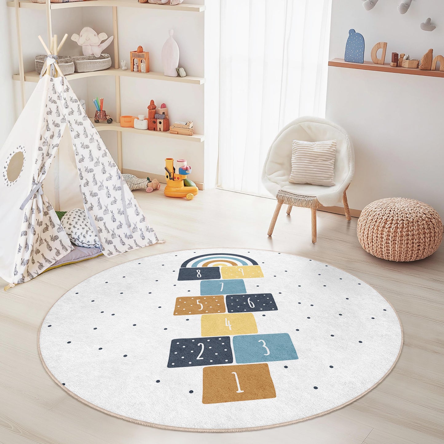 Rainbow Hopscotch Round Kids Rug, Colorful Play Mat for Children's Room, Soft Nursery Carpet, Interactive Educational Rug