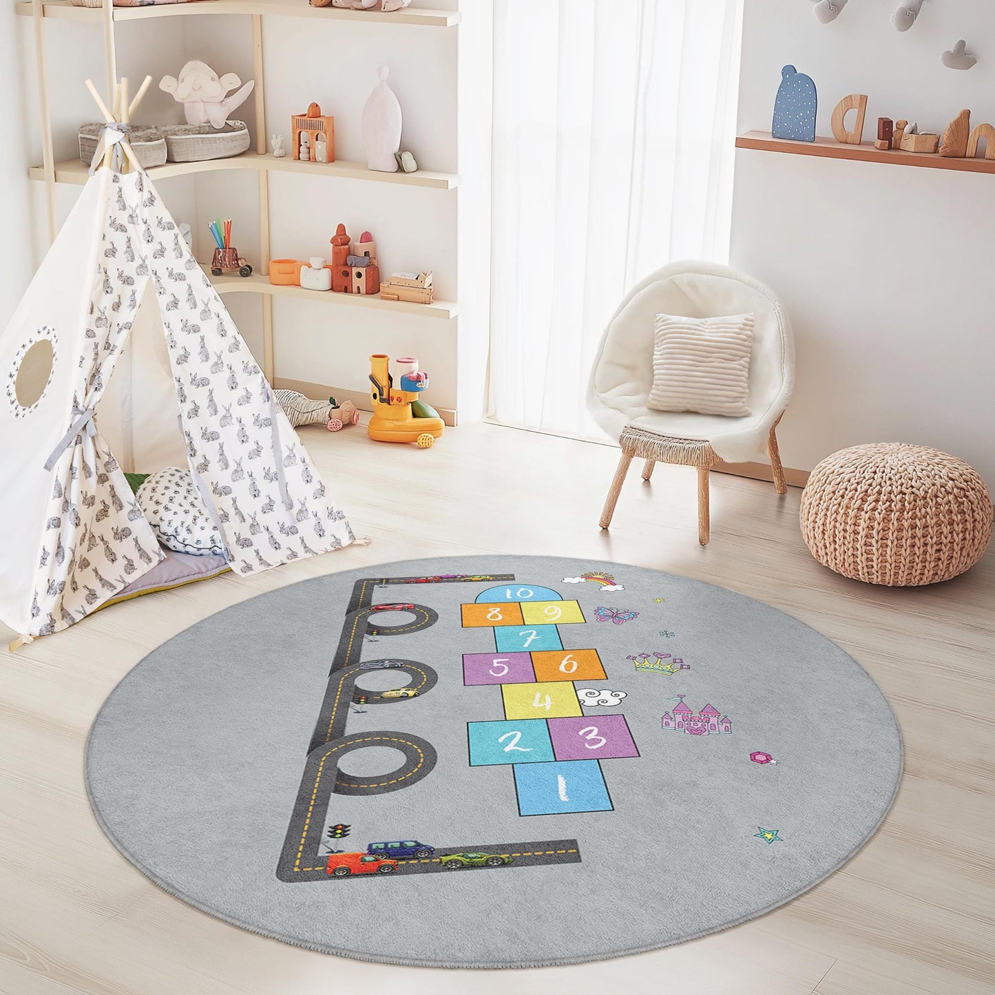 Road Map Hopscotch Round Kids Rug, Interactive Play Mat for Children, Playroom Decor, Soft Nursery Carpet, Fun Kids Room Rug