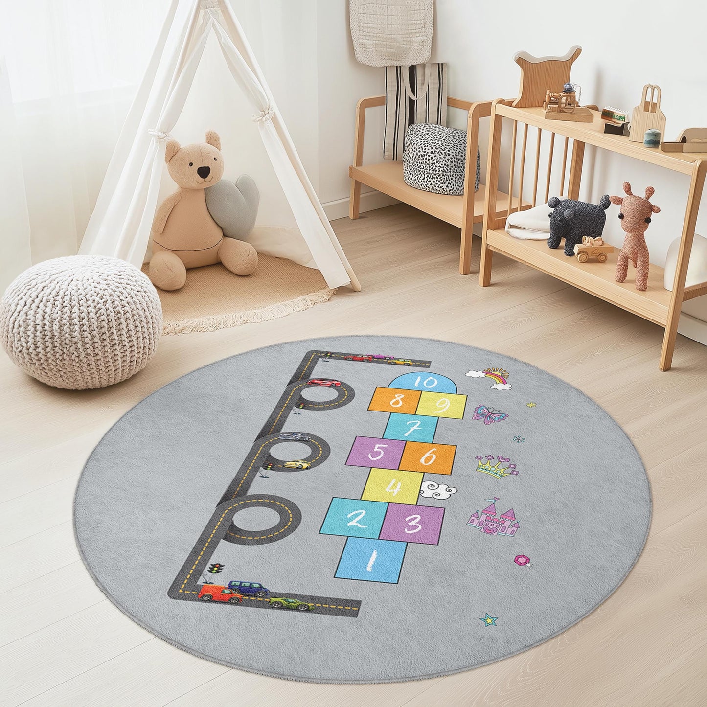 Road Map Hopscotch Round Kids Rug, Interactive Play Mat for Children, Playroom Decor, Soft Nursery Carpet, Fun Kids Room Rug