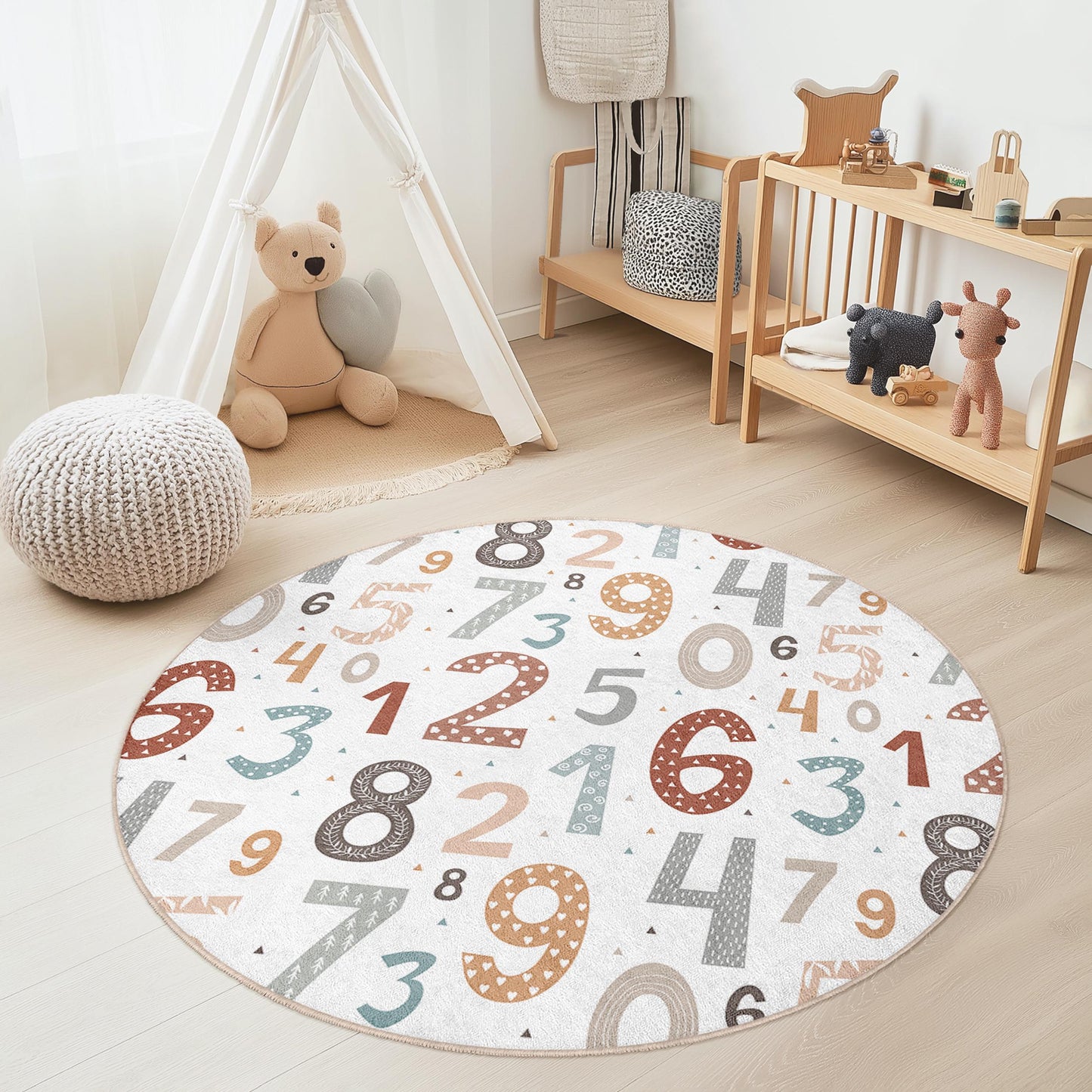 Colorful Number Pattern Round Kids Rug, Educational Play Mat, Soft Nursery Carpet, Toddler Room Decor, Fun Learning Rug