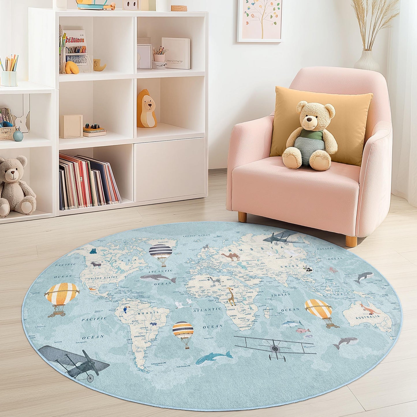 World Map Adventure Round Kids Rug, Travel Themed Play Mat, Soft Round Carpet for Kids Room, Educational Nursery Decor