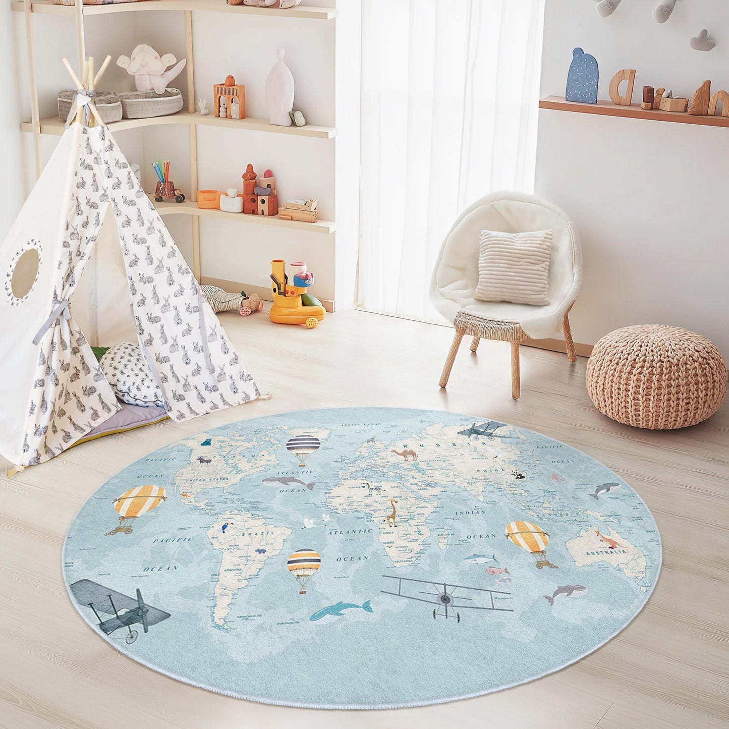 World Map Adventure Round Kids Rug, Travel Themed Play Mat, Soft Round Carpet for Kids Room, Educational Nursery Decor