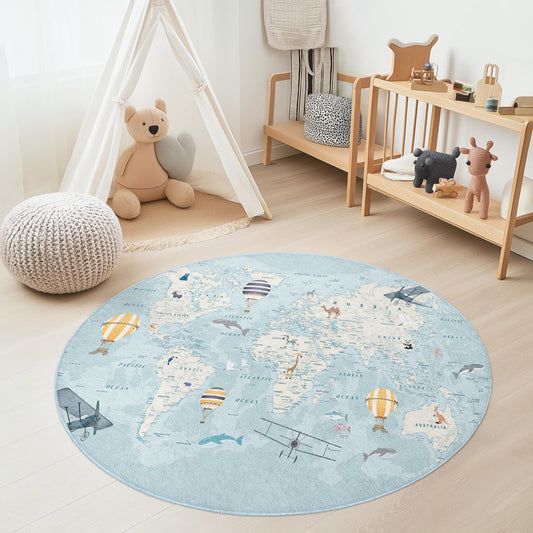 World Map Adventure Round Kids Rug, Travel Themed Play Mat, Soft Round Carpet for Kids Room, Educational Nursery Decor
