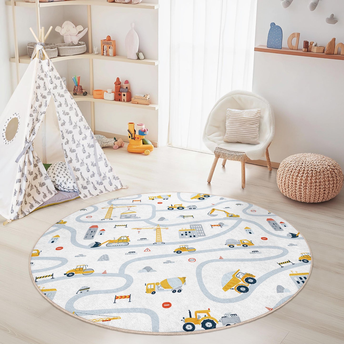 Construction Site Round Kids Play Rug, Kids Road Map Carpet, Playroom Decor, Nursery Rug, Soft Play Mat for Children