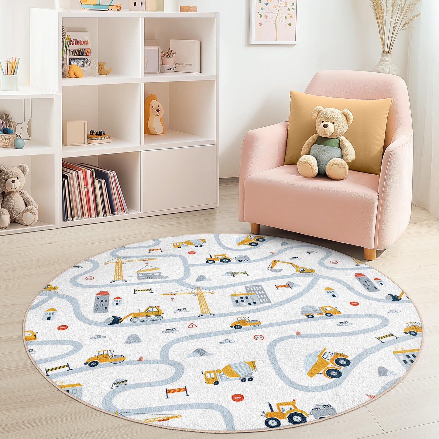 Construction Site Round Kids Play Rug, Kids Road Map Carpet, Playroom Decor, Nursery Rug, Soft Play Mat for Children