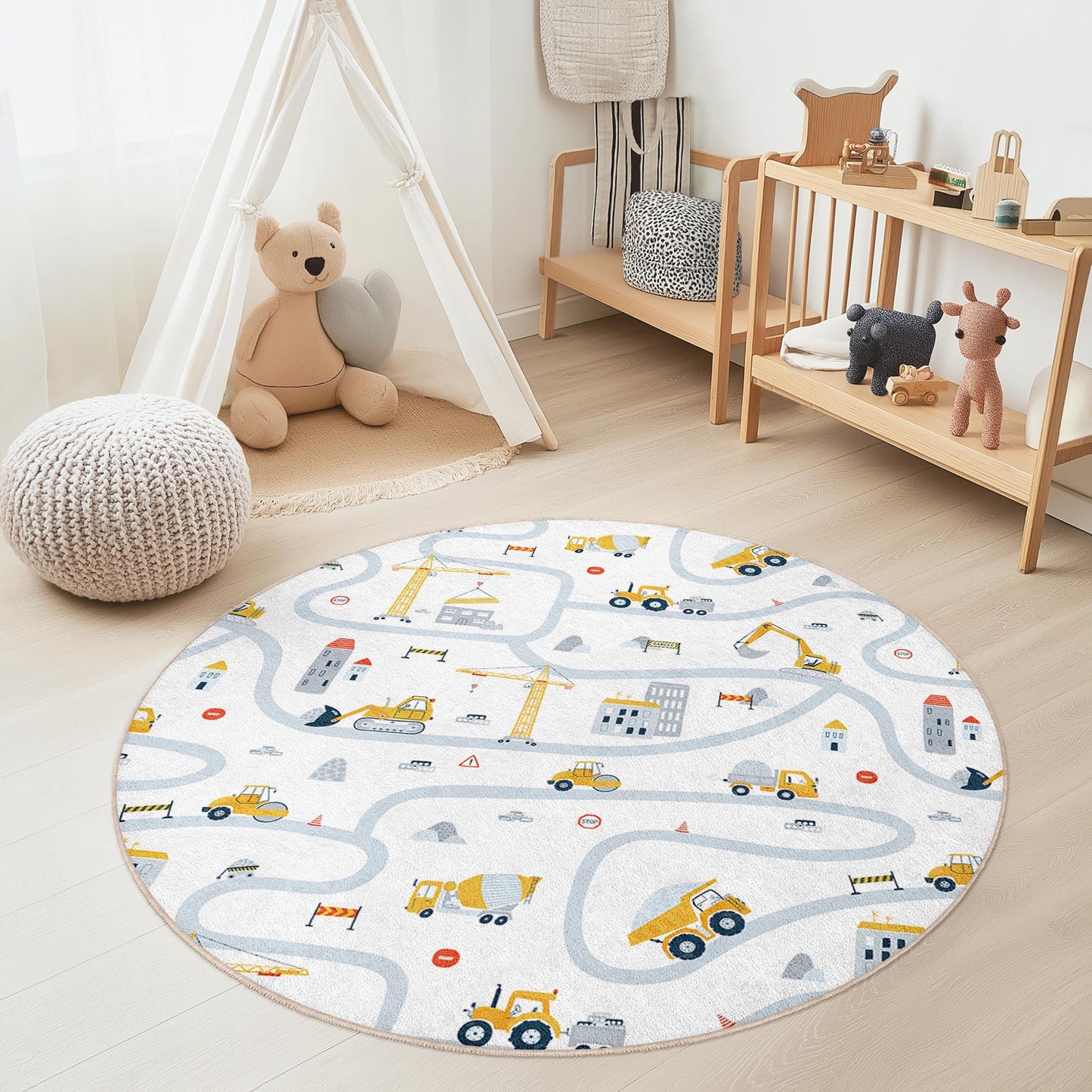 Construction Site Round Kids Play Rug, Kids Road Map Carpet, Playroom Decor, Nursery Rug, Soft Play Mat for Children