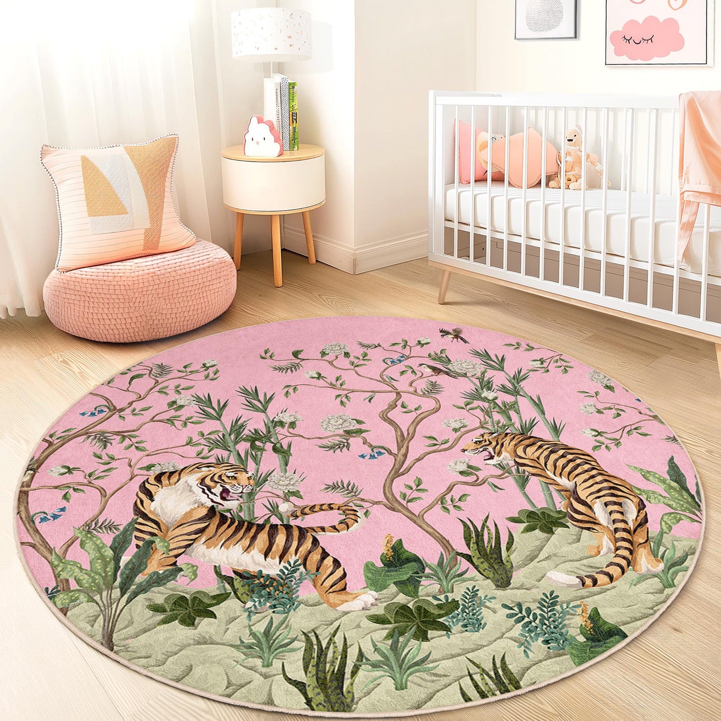 Pink Floral Tiger Round Area Rug, Kids Room Decor, Nursery Rug, Playroom Carpet, Animal Print Kids Rug, Soft Round Play Mat