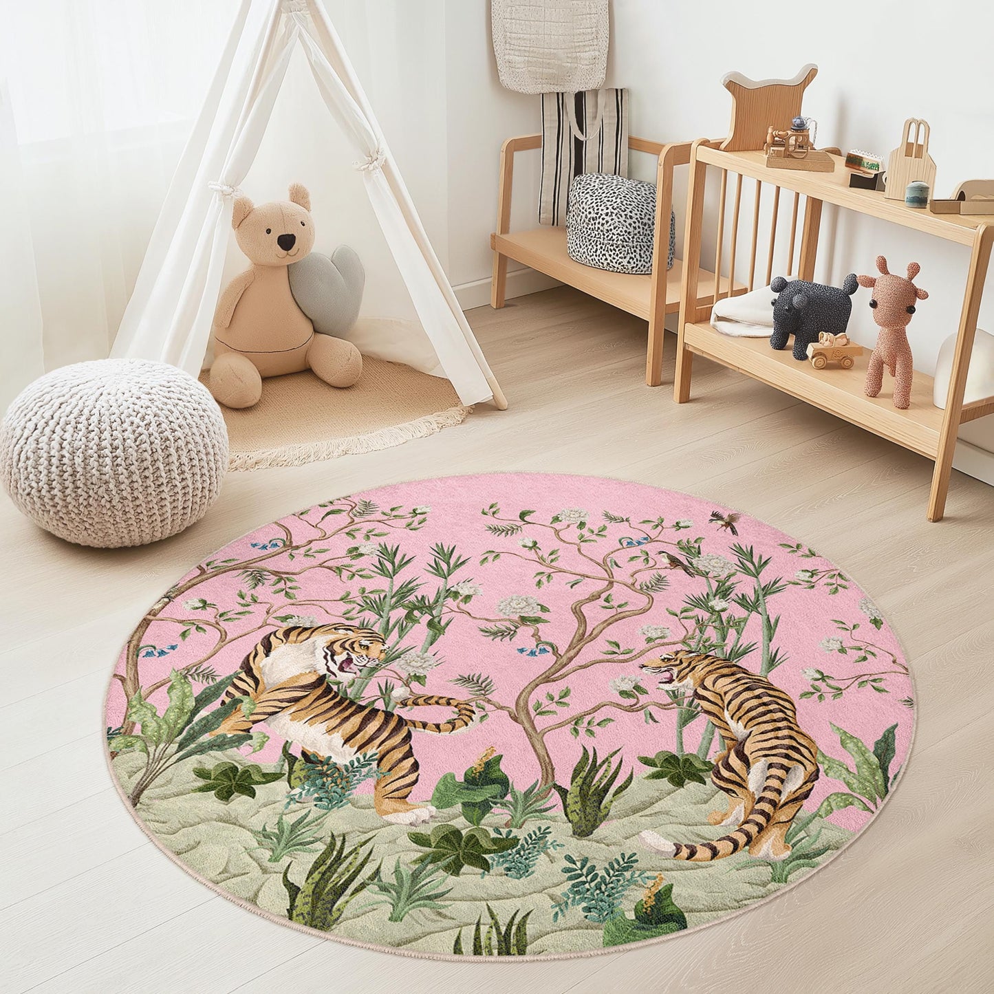 Pink Floral Tiger Round Area Rug, Kids Room Decor, Nursery Rug, Playroom Carpet, Animal Print Kids Rug, Soft Round Play Mat