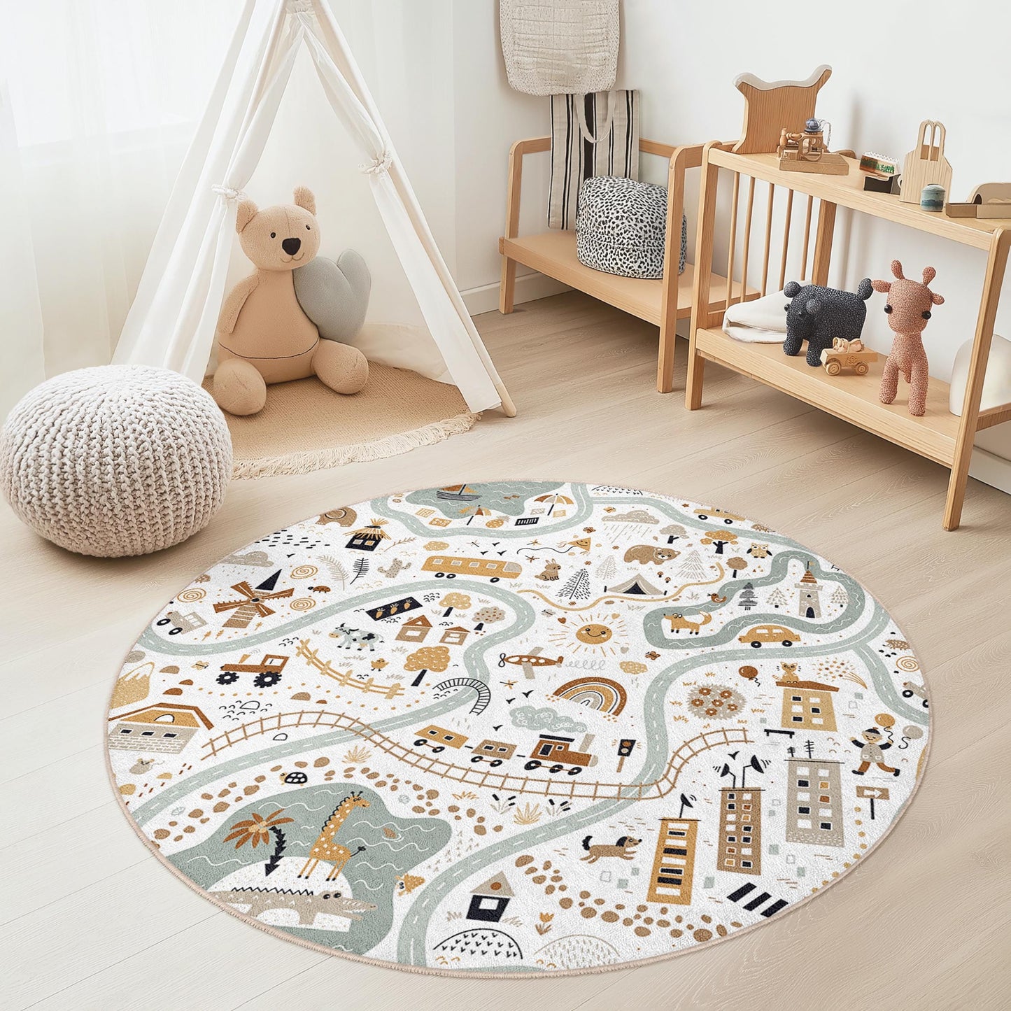 Whimsical Nature Round Kids Rug, Playful Map Design, Round Carpet for Kids Room, Nursery Decor, Soft Play Mat, Adventure Rug
