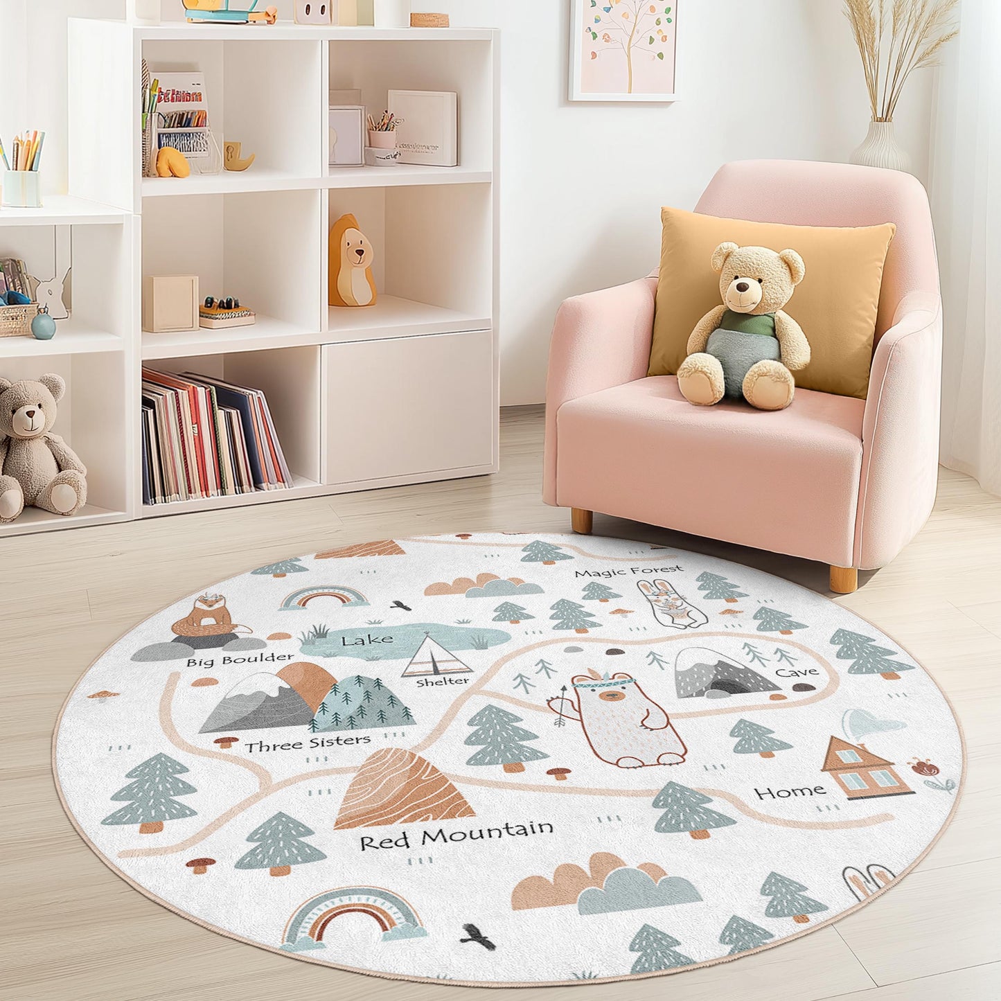 Magic Forest Round Kids Play Rug, Adventure Map Kids Rug, Round Carpet for Kids Room, Nursery Decor, Interactive Play Mat