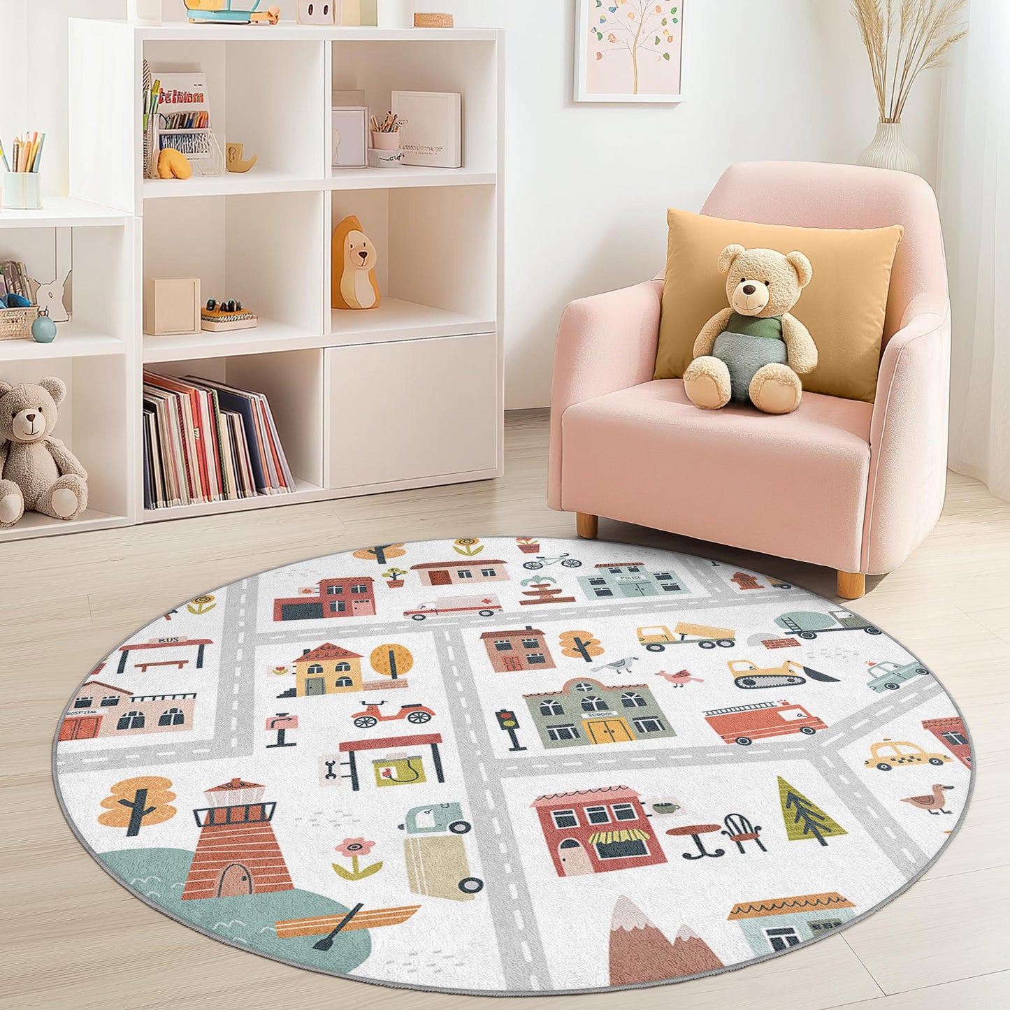 Whimsical City Map Round Kids Play Rug, Colorful Round Carpet for Kids Room, Interactive Play Mat for Toddler Fun