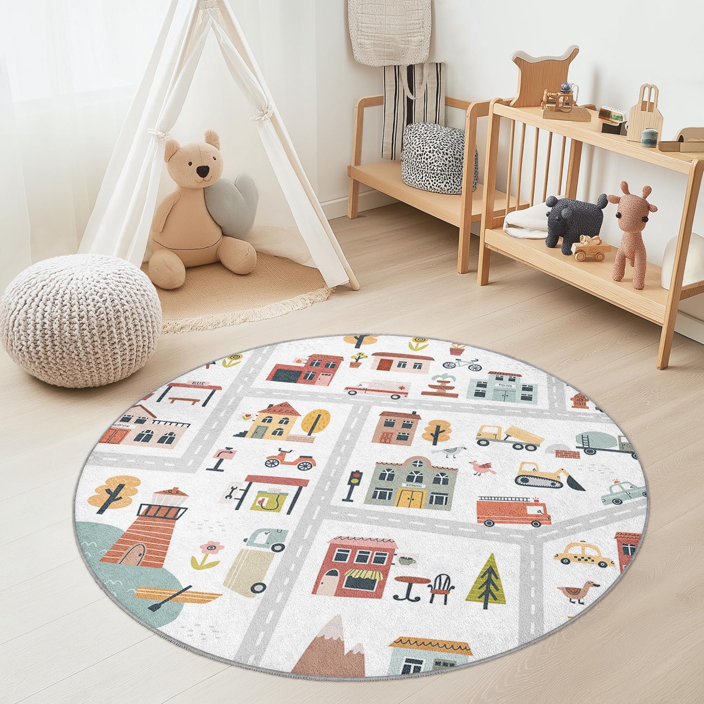 Whimsical City Map Round Kids Play Rug, Colorful Round Carpet for Kids Room, Interactive Play Mat for Toddler Fun