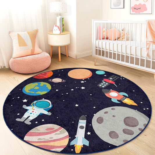 Space Adventure Round Kids Play Rug, Astronauts and Planets Carpet, Soft Nursery Decor, Cosmic Playmat for Children's Room