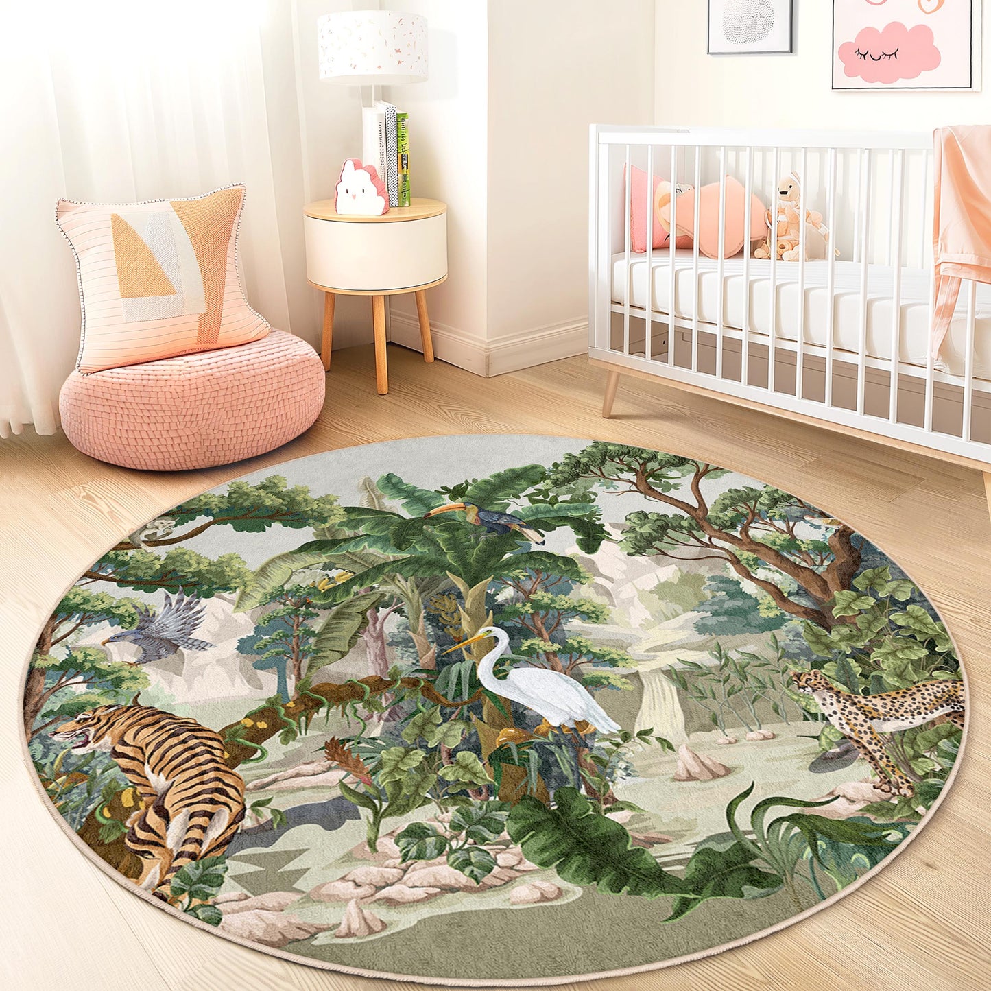 Jungle Safari Round Kids Play Rug, Animal Print Play Mat, Kids Room Decor, Nursery Rug, Soft Jungle Carpet