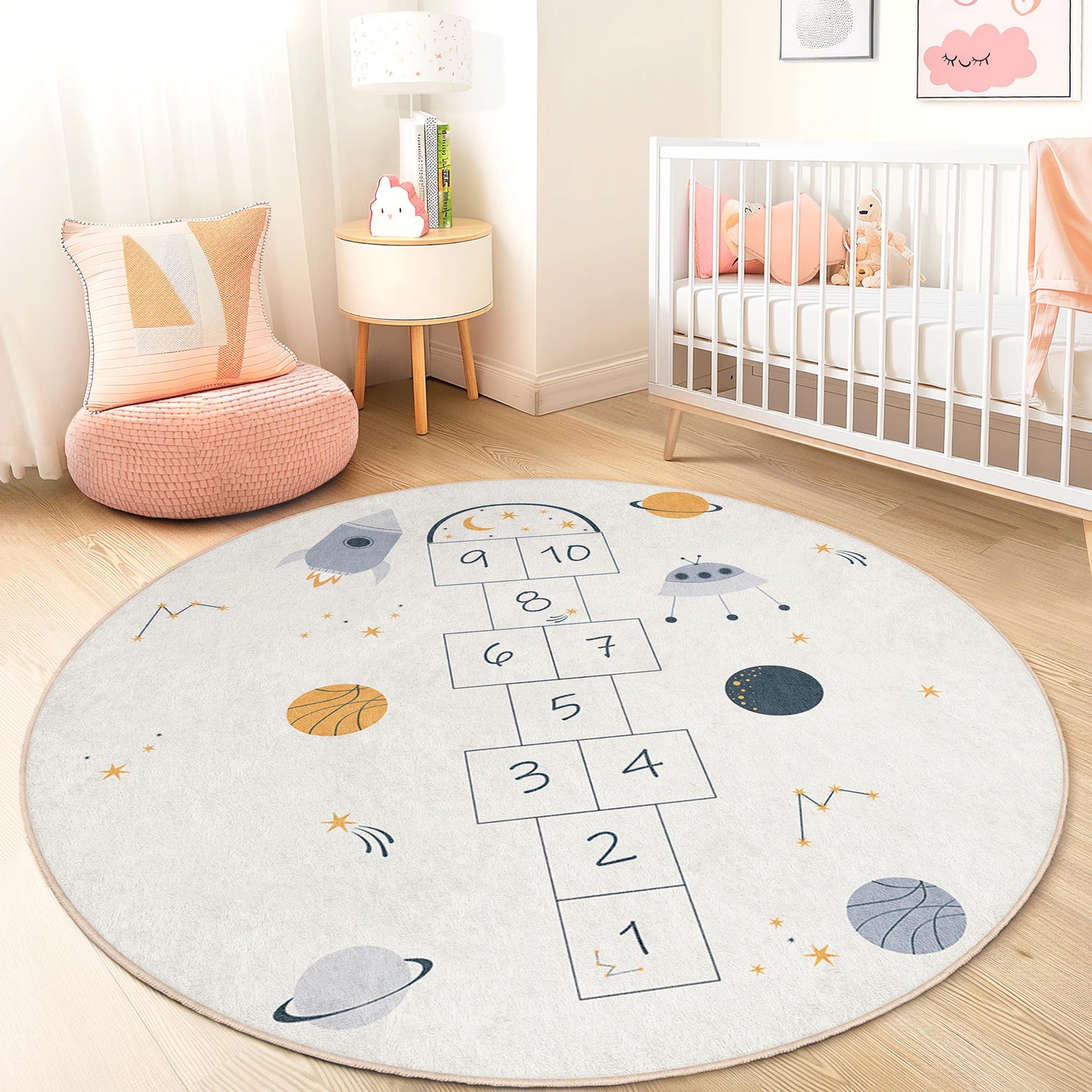 Space-Themed Round Kids Play Rug, Hopscotch Design Play Mat, Fun Kids Room Decor, Interactive Nursery Rug, Soft Play Area Carpet