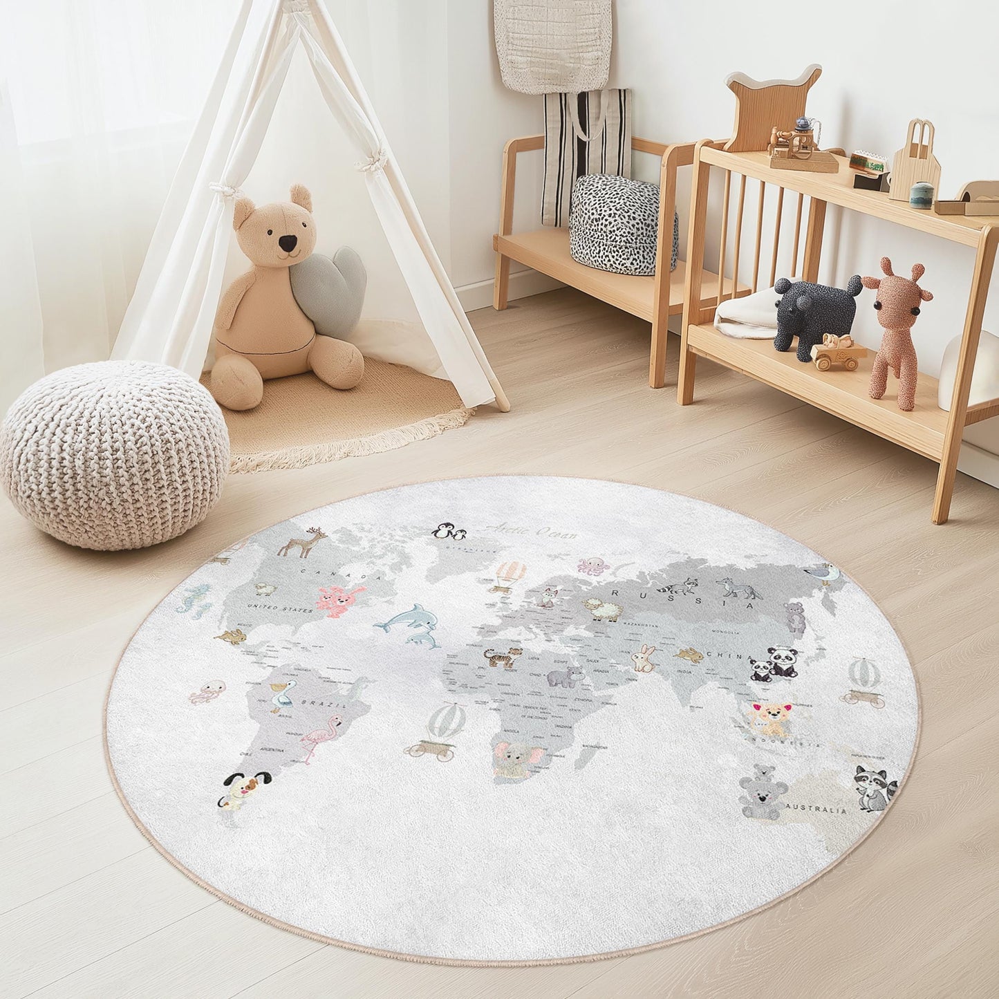 Cute Animal World Map Round Rug, Kids Playroom Decor, Nursery Area Rug, Soft Play Mat for Children, Educational Kids Rug