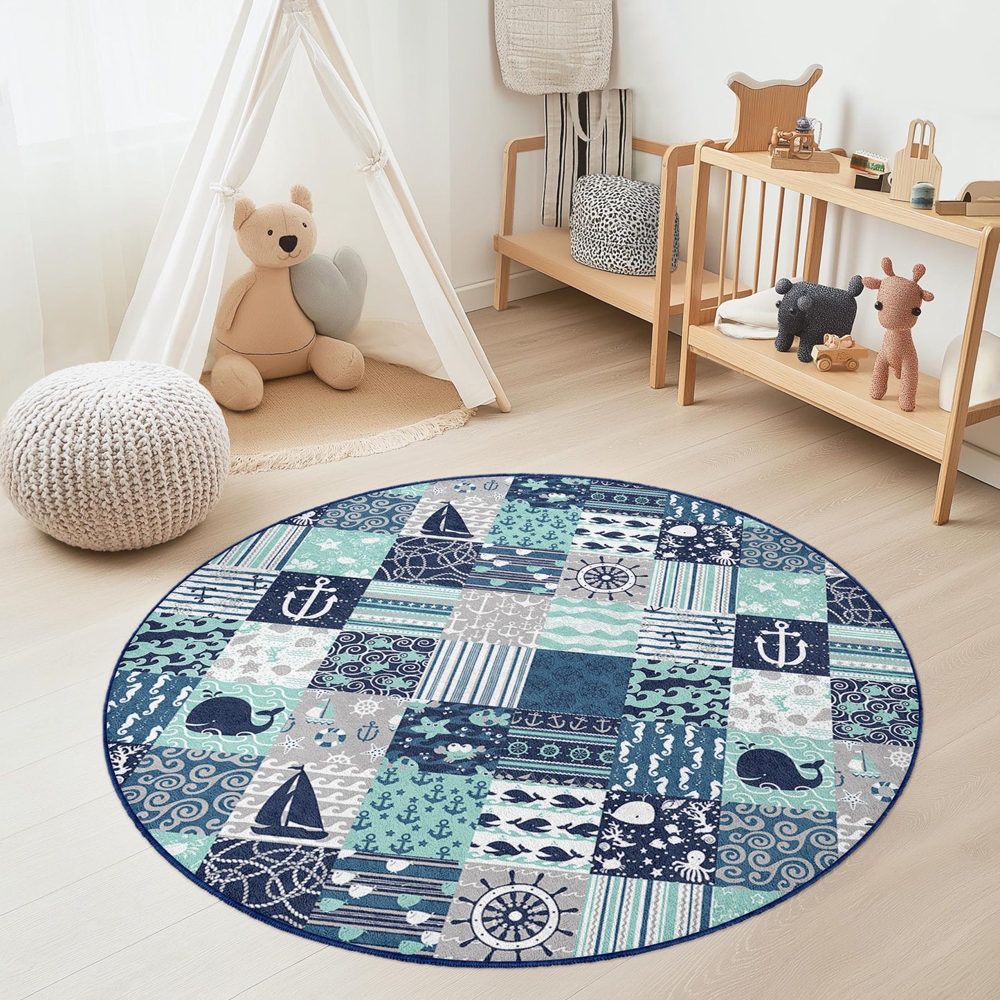 Nautical Adventure Round Kids Rug, Sea Theme Play Mat, Ocean Pattern Rug for Nursery, Kids Room Decor, Coastal Nursery Rug