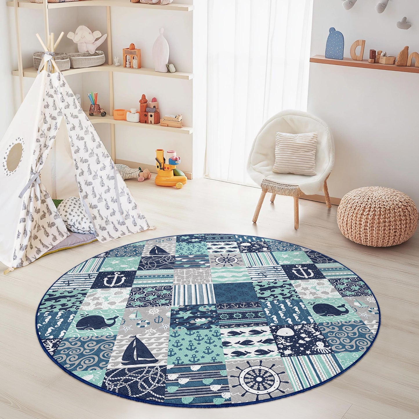 Nautical Adventure Round Kids Rug, Sea Theme Play Mat, Ocean Pattern Rug for Nursery, Kids Room Decor, Coastal Nursery Rug