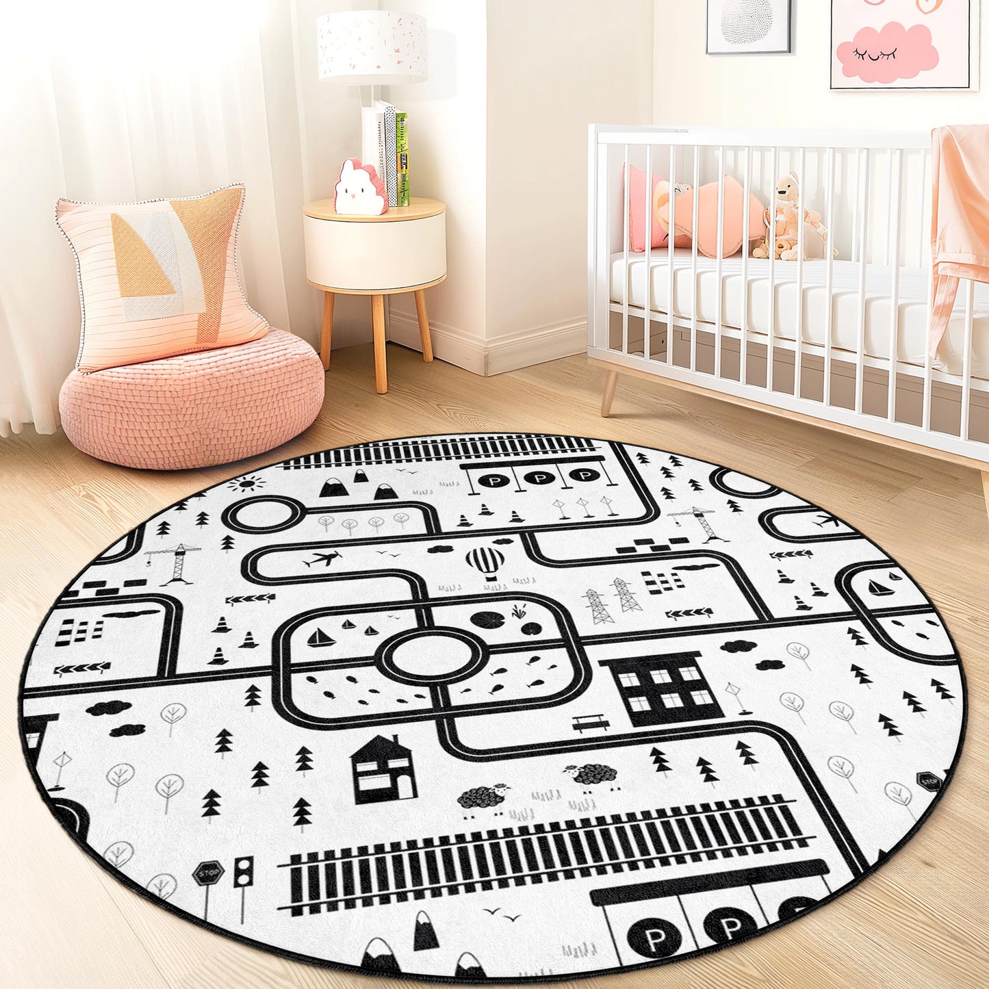 Black and White Road Map Round Kids Rug, Interactive Play Mat for Playroom, Nursery Decor, Soft and Cozy Play Area