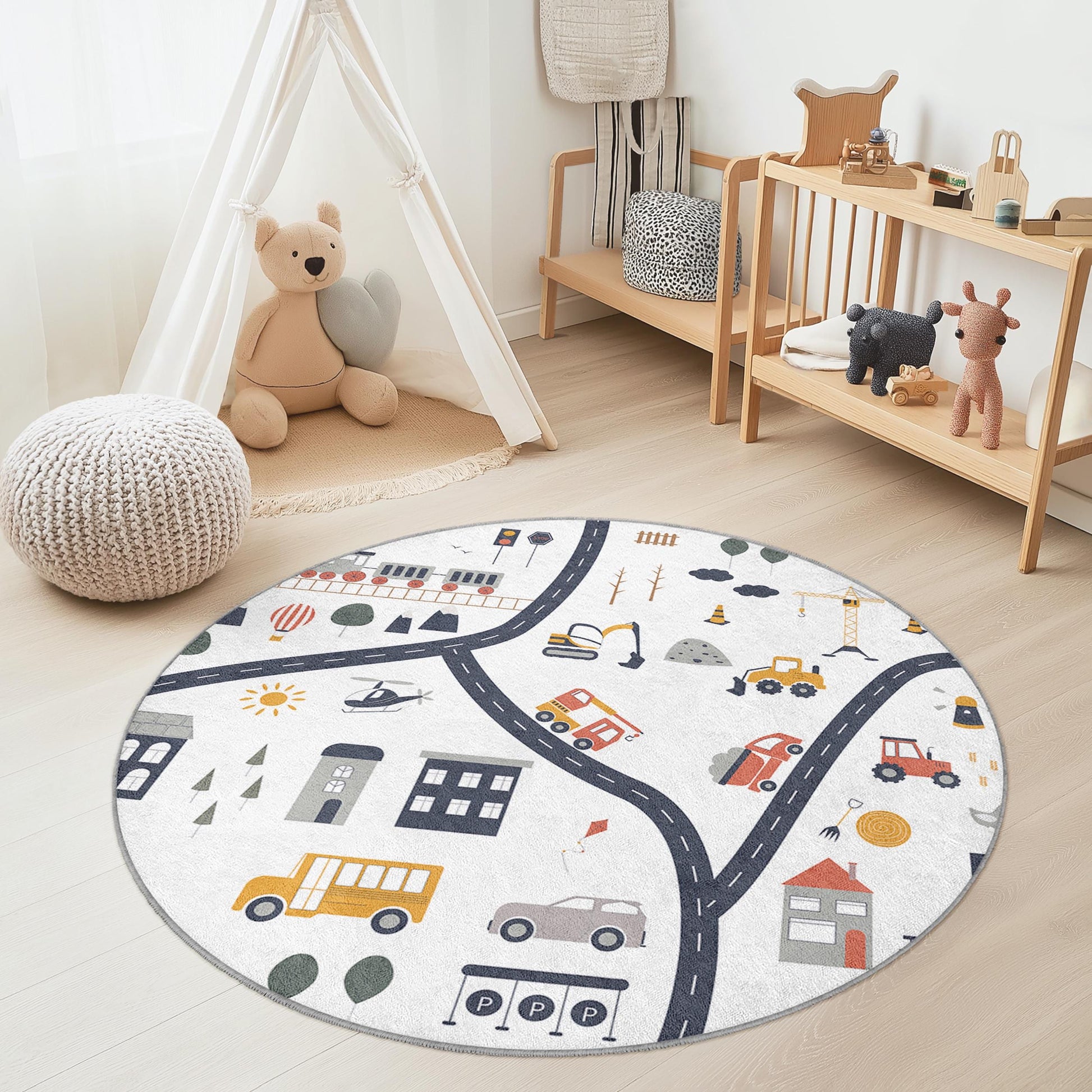 Playful Round Kids Rug, Colorful Road Map Play Mat, Soft Nursery Carpet, Interactive Round Rug, Toddler Room Decor