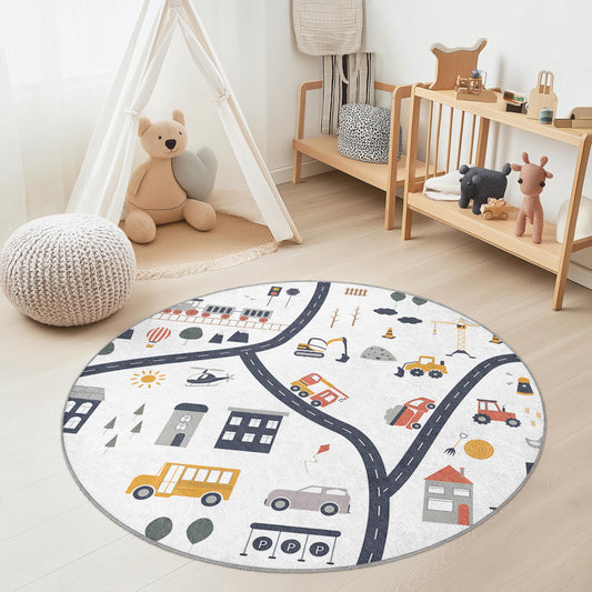 Playful Round Kids Rug, Colorful Road Map Play Mat, Soft Nursery Carpet, Interactive Round Rug, Toddler Room Decor