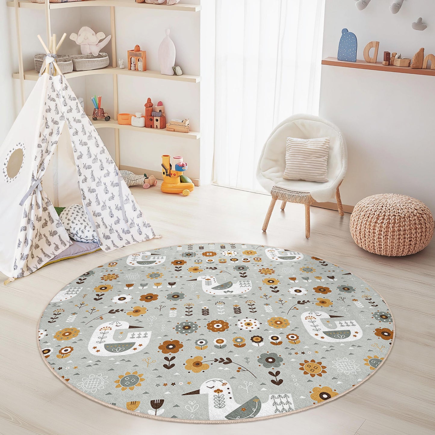 Whimsical Flower and Bird Round Kids Rug, Floral Playroom Floor Mat, Cozy Nursery Decor, Soft Children's Carpet