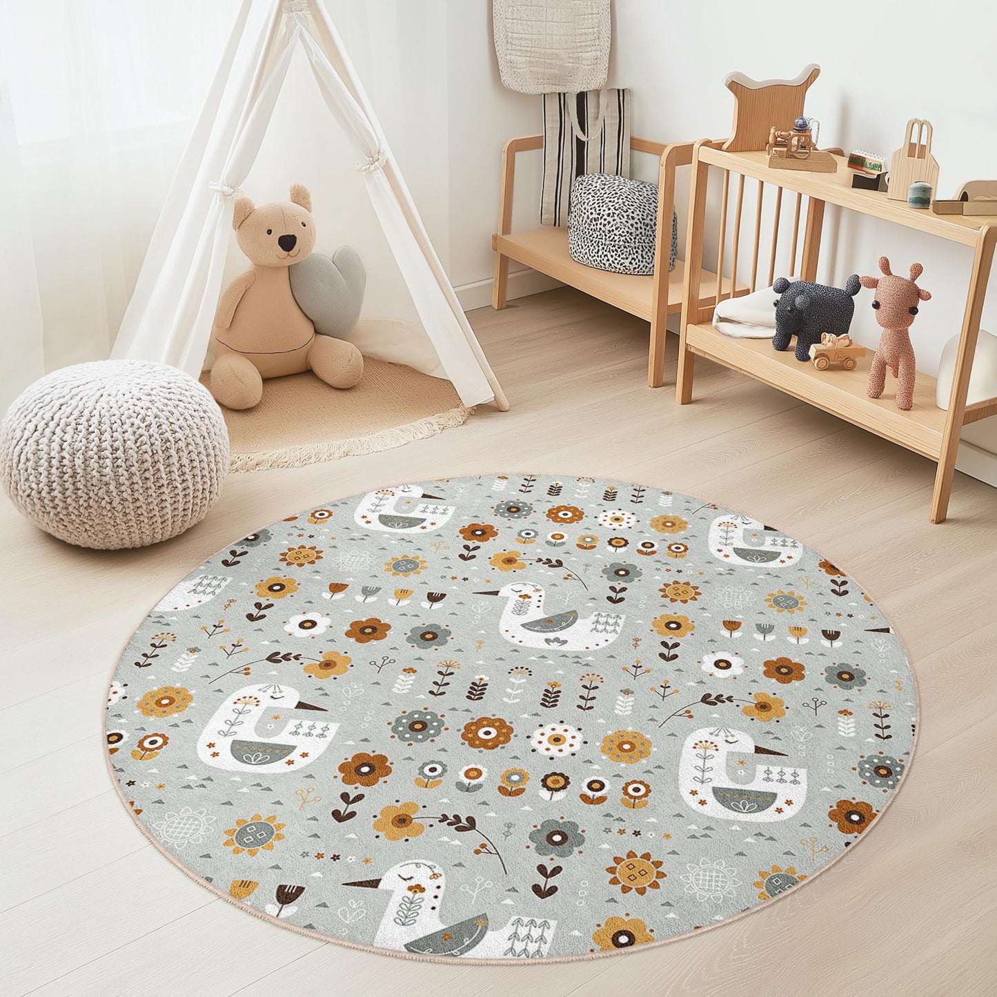 Whimsical Flower and Bird Round Kids Rug, Floral Playroom Floor Mat, Cozy Nursery Decor, Soft Children's Carpet