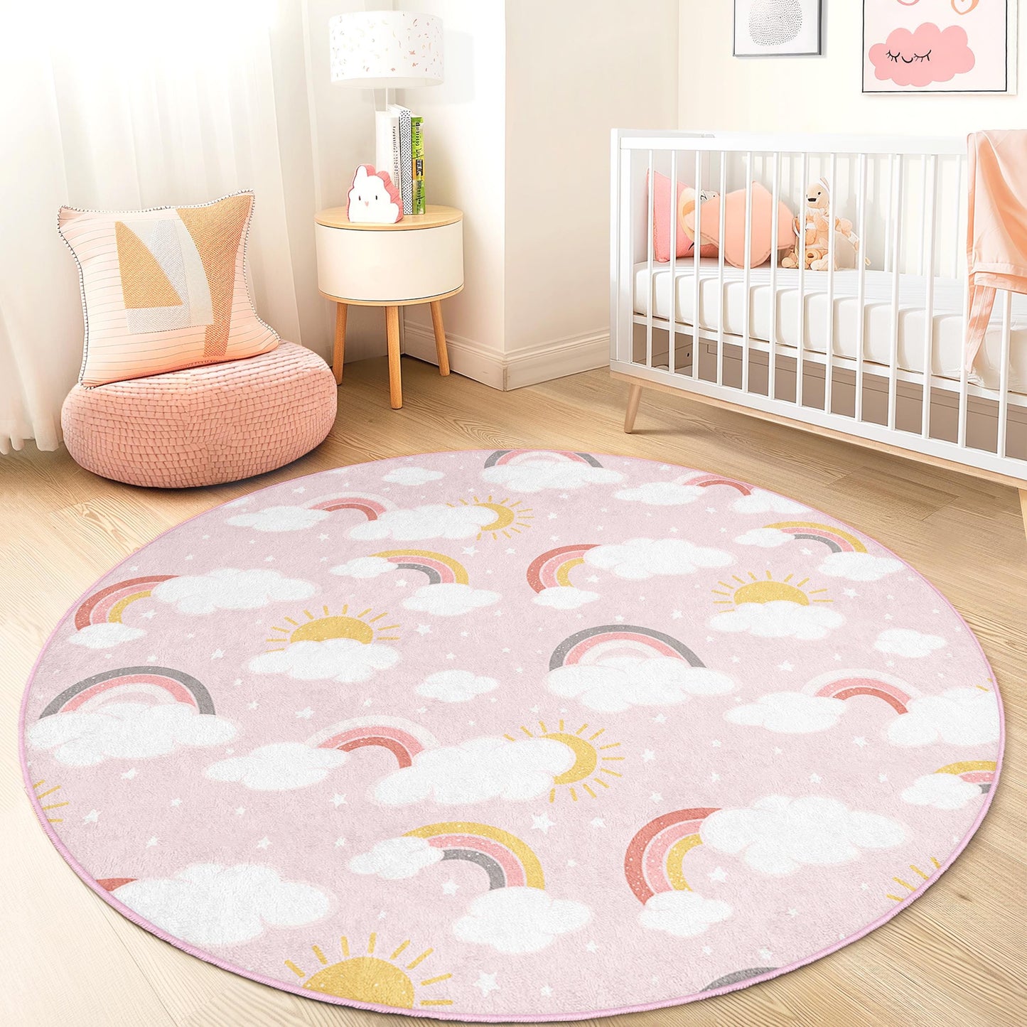 Rainbow Cloud Round Kids Play Rug, Soft Nursery Rug, Round Carpet for Children's Room, Playful Decor for Girls' Room