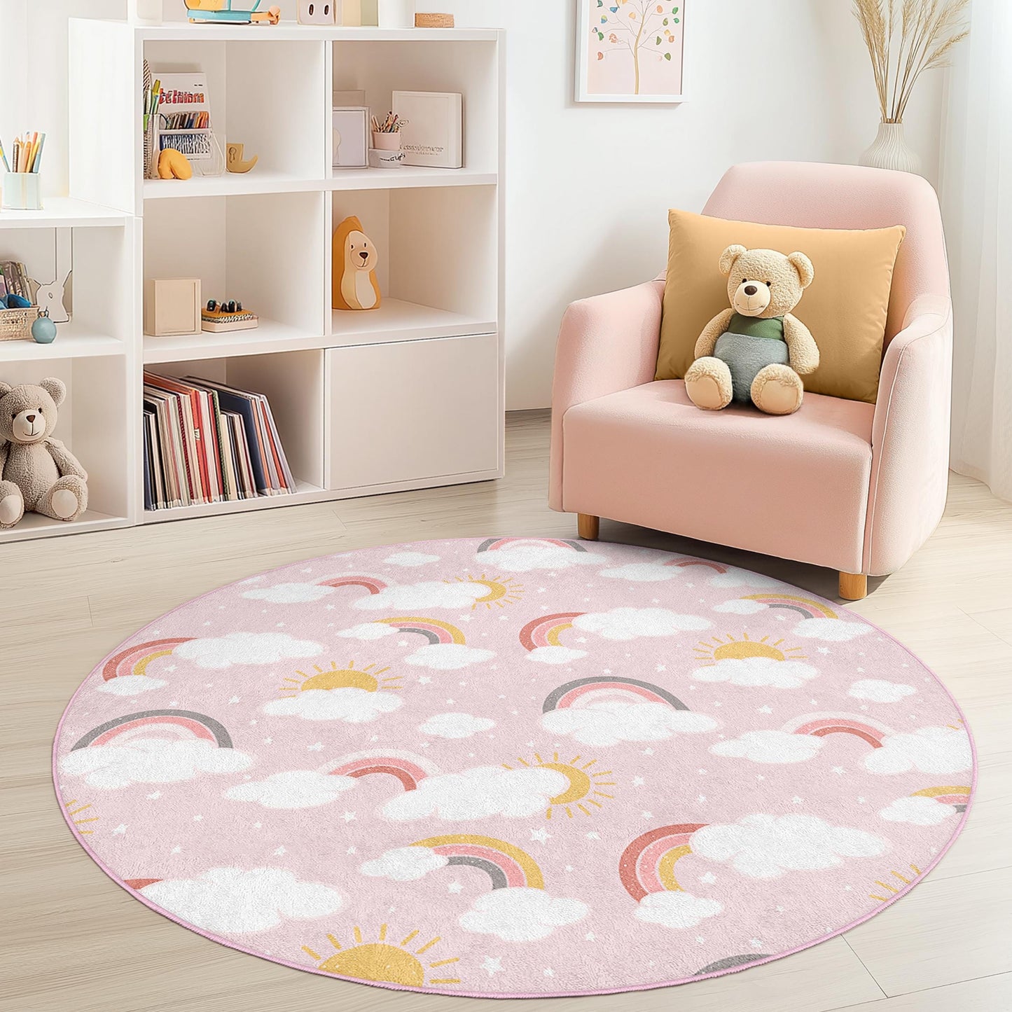 Rainbow Cloud Round Kids Play Rug, Soft Nursery Rug, Round Carpet for Children's Room, Playful Decor for Girls' Room