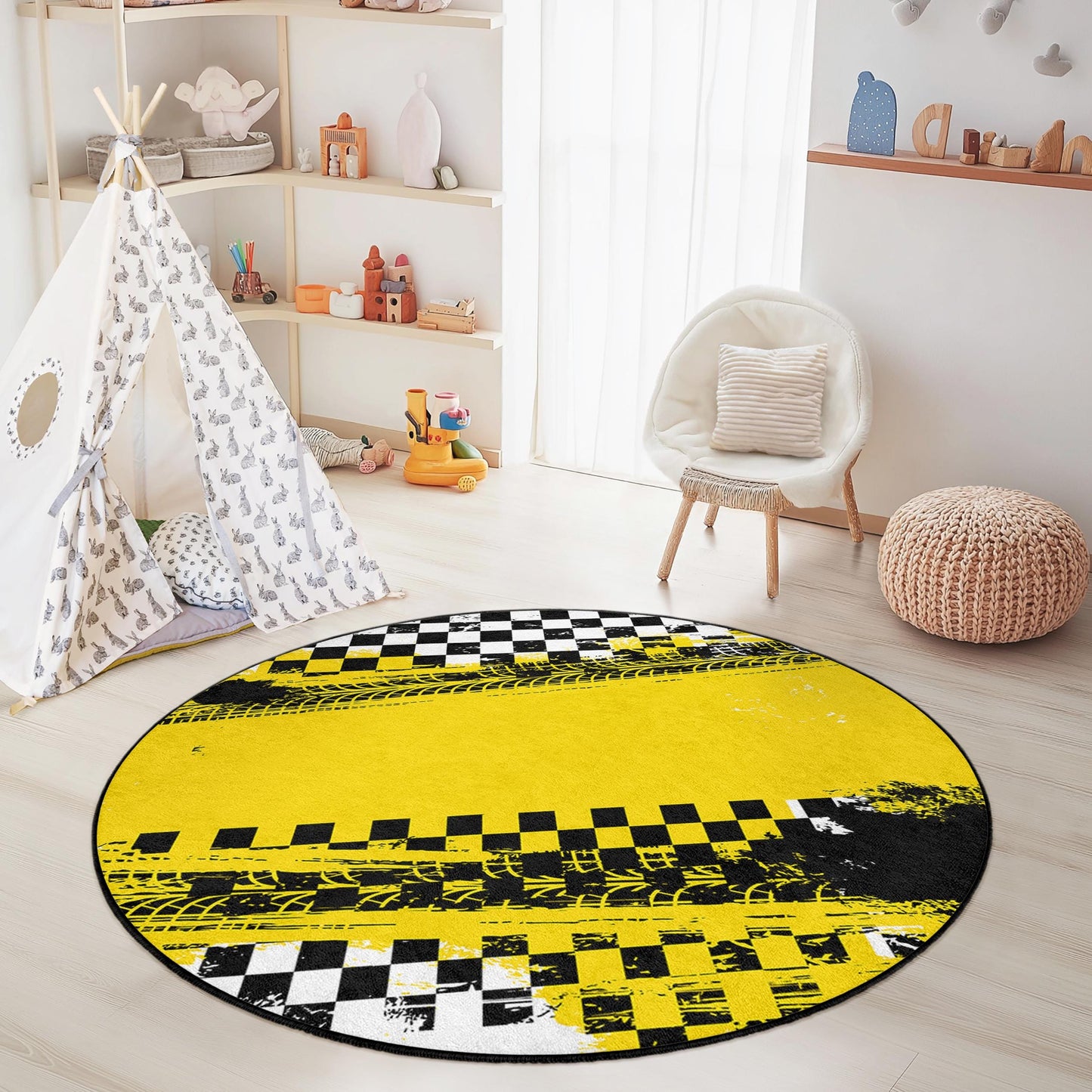 Vibrant Yellow Checkered Round Kids Play Rug, Tire Tracks Fun Carpet, Playroom Decor, Nursery Rug, Soft Play Mat for Children